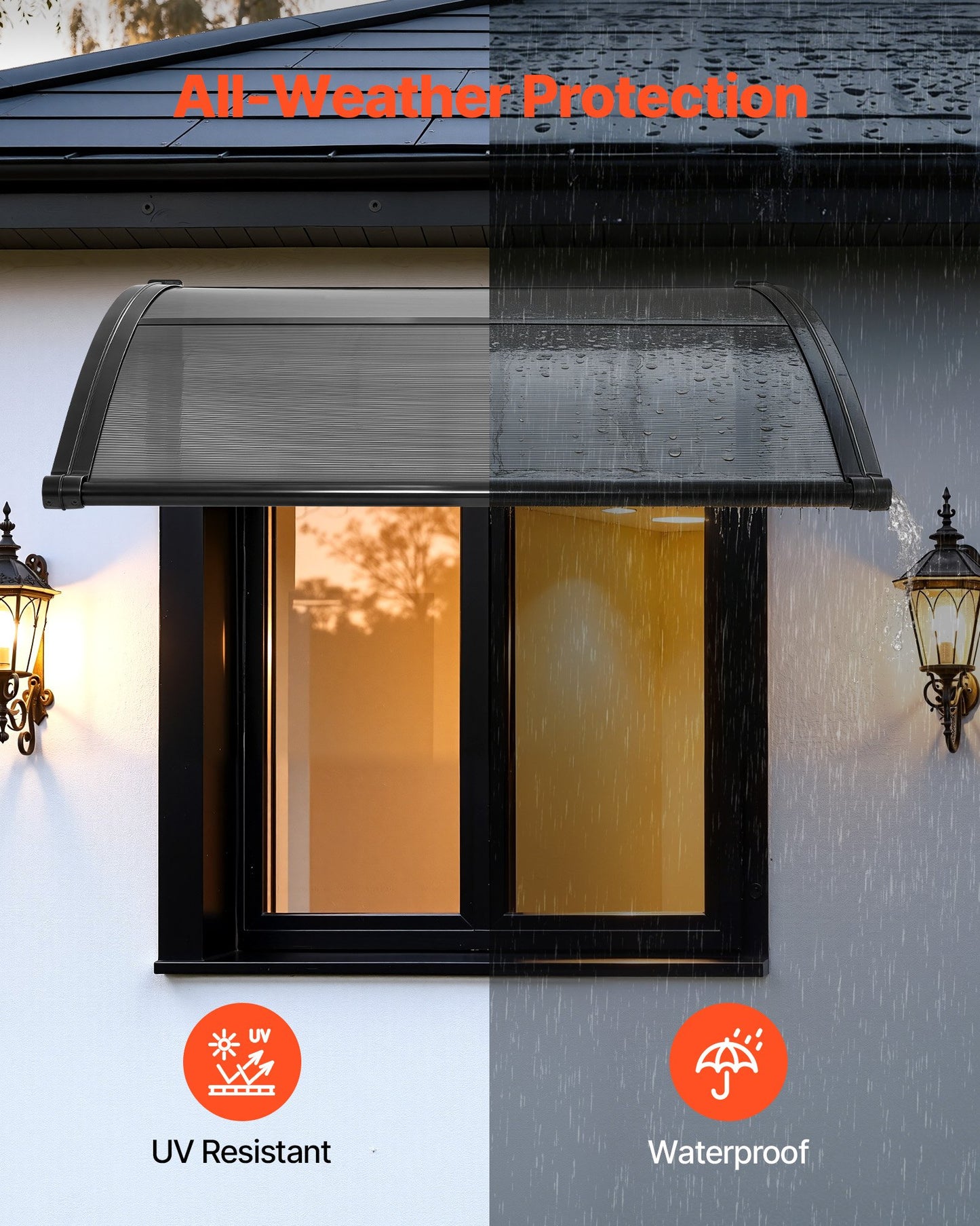Outdoor Door Canopy Awnings 38x40 Inches - Polycarbonate Sun Rain Snow Protection with Drainage & Mounting Kit, Black