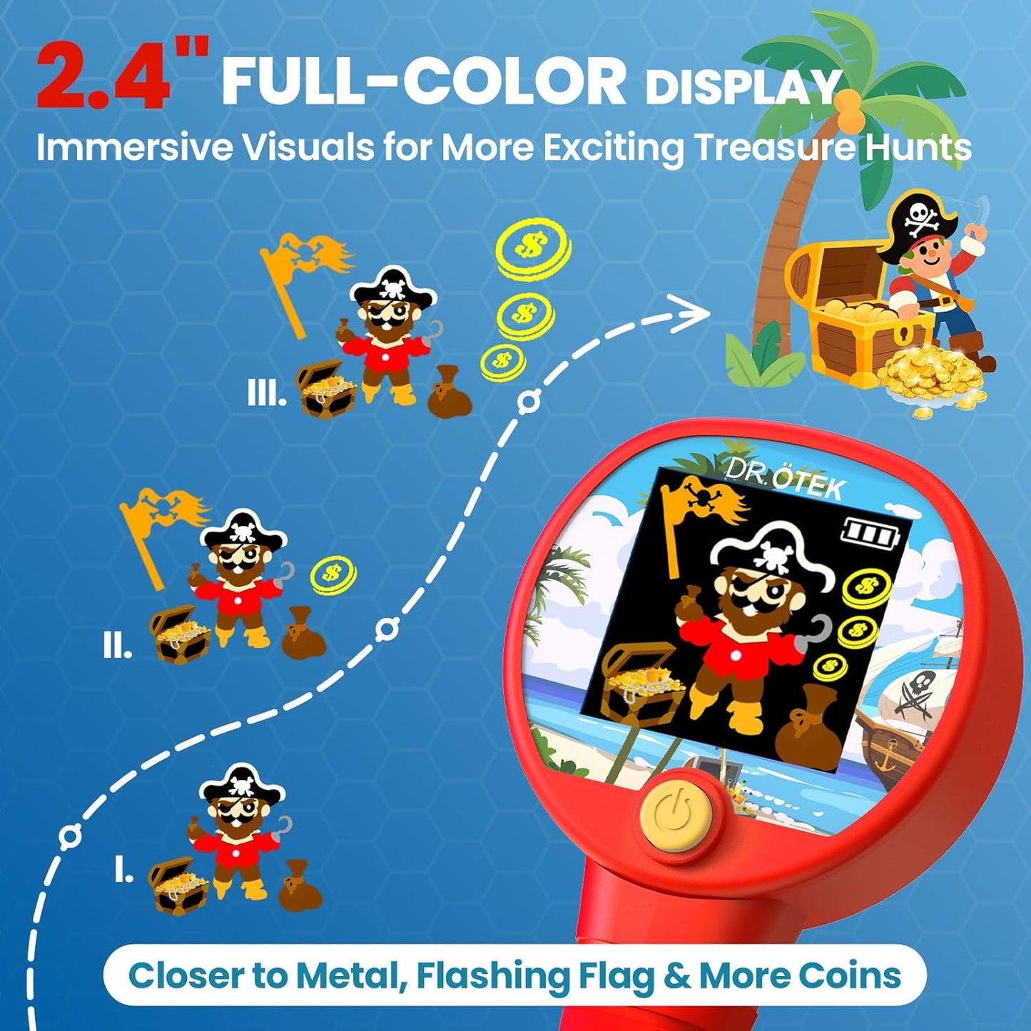 Kids Metal Detector with LED Illuminated Coil & Color LCD Display, Adjustable & Lightweight