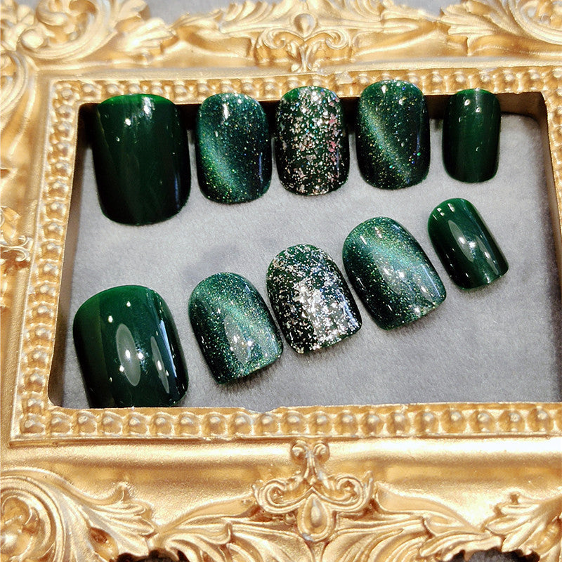 Cat Eye Detachable Nail Patch Set - Emerald Sparkling Diamond, 24 Pieces