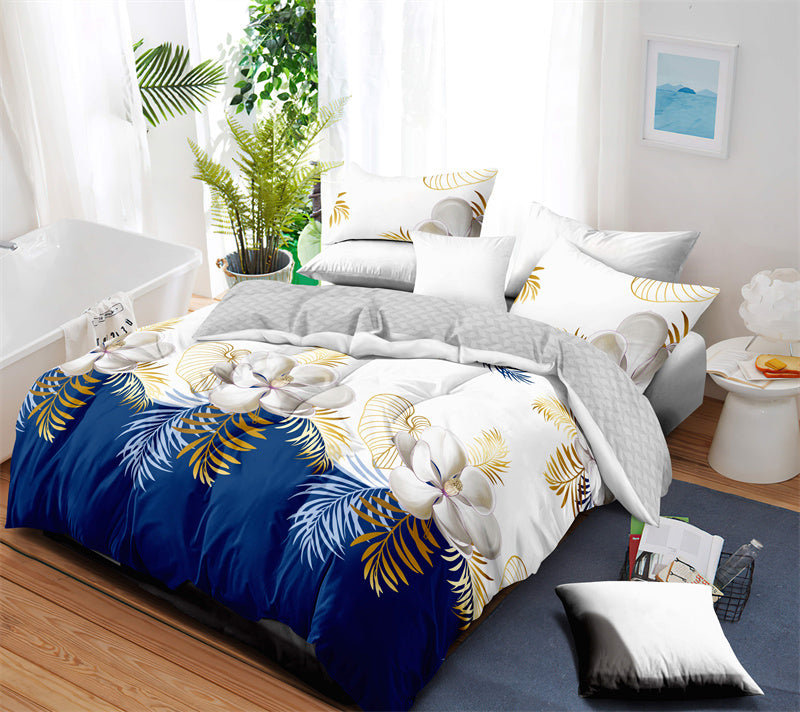 3-Piece Navy Blue & Gold Tropical Floral Duvet Cover Set