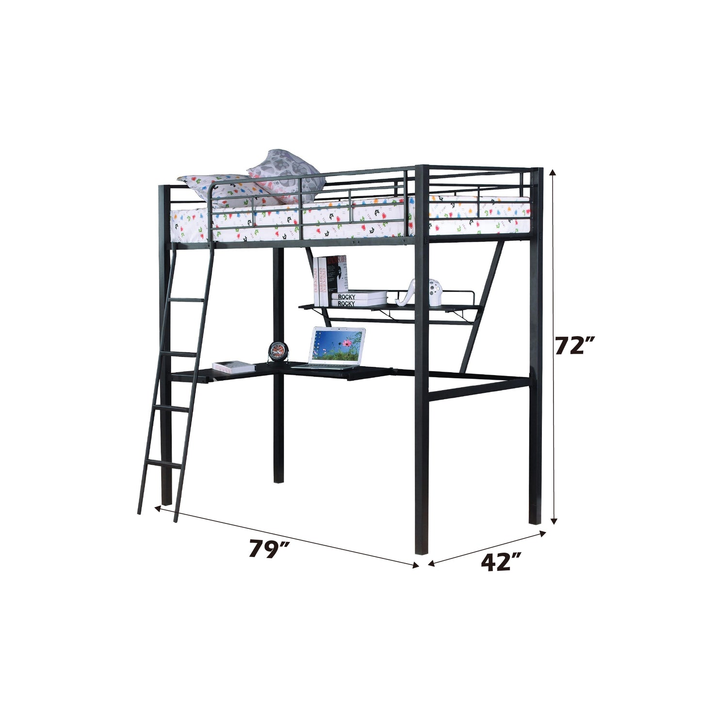 Twin Loft Bed with Desk - Silver & Black Finish