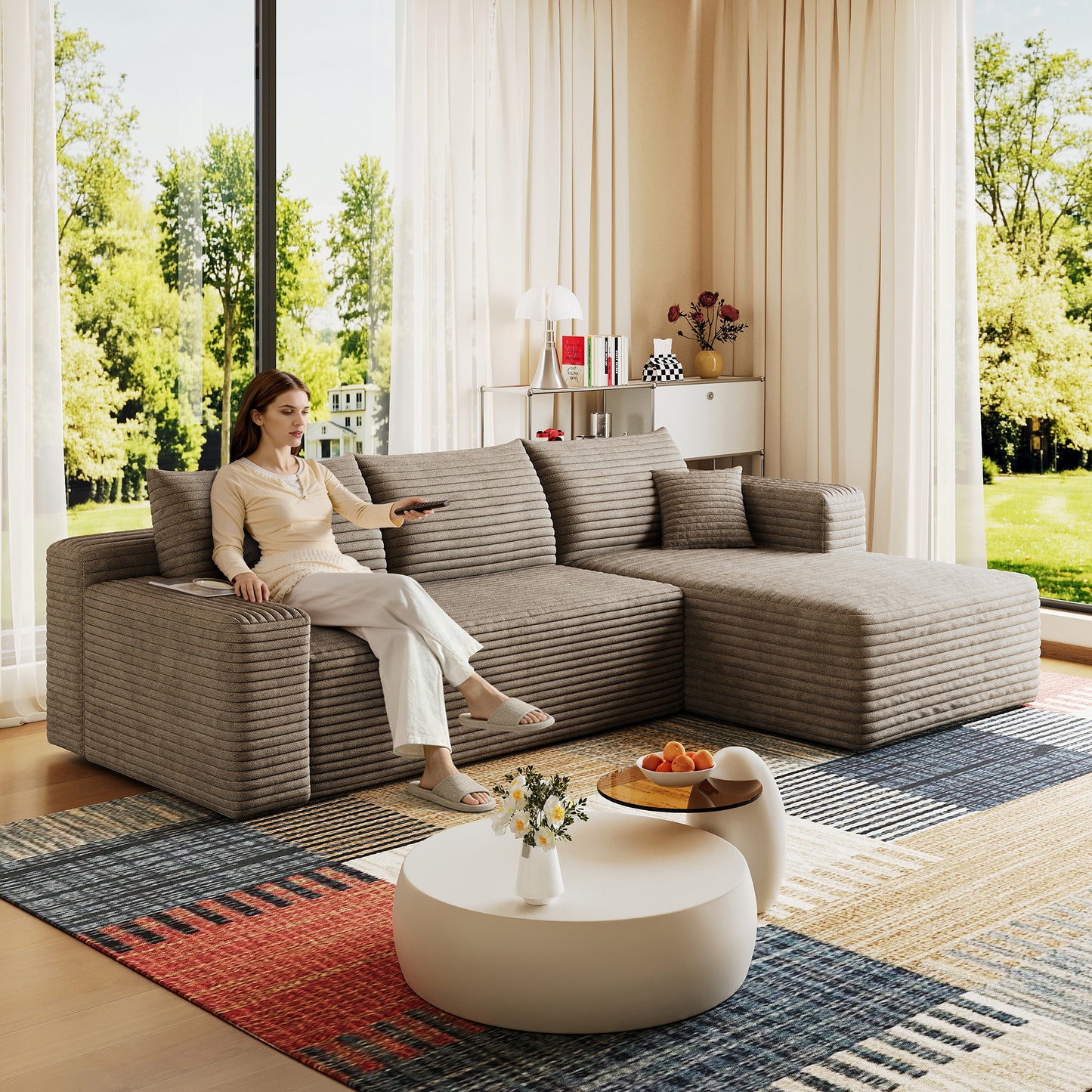 95" Cloud Sectional Sofa - Modern U-Shaped Couch in Camel Plush