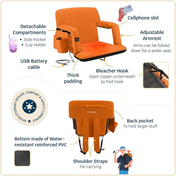 Heated Folding Stadium Seat with Back Support - Orange