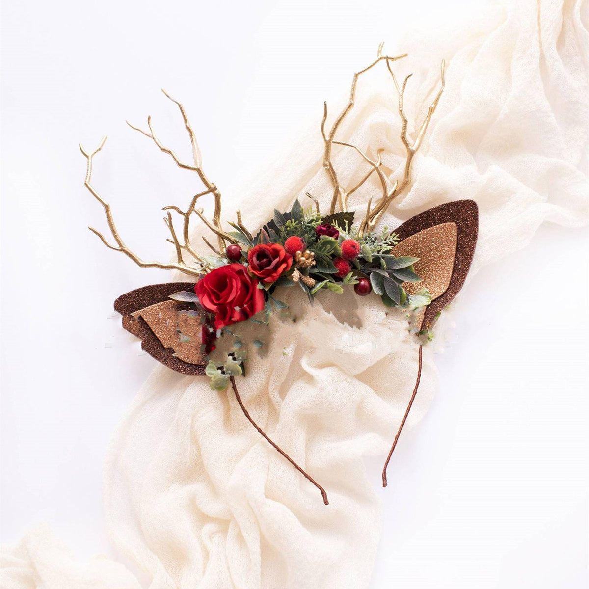 Christmas Skull Headband with Artificial Flower & Reindeer