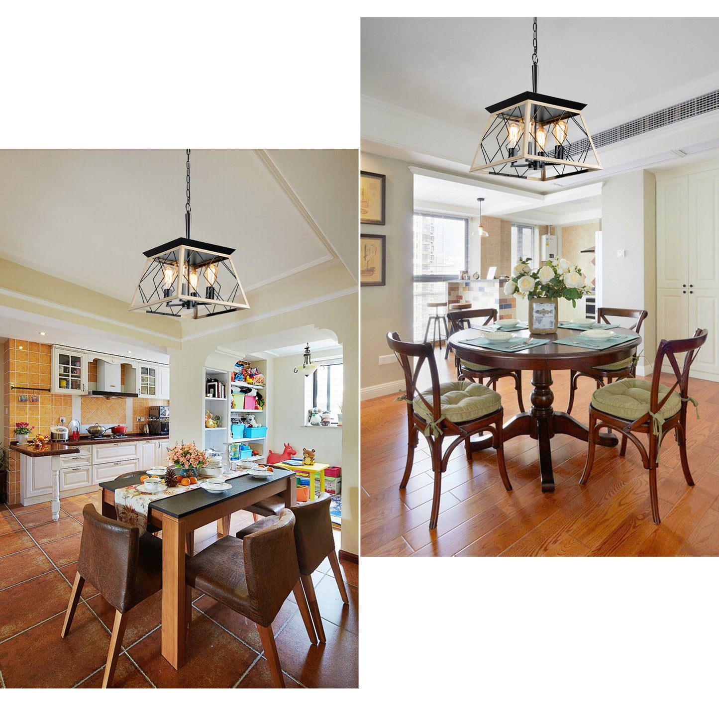16-Inch Oak Industrial 4-Light Pendant Chandelier - Adjustable