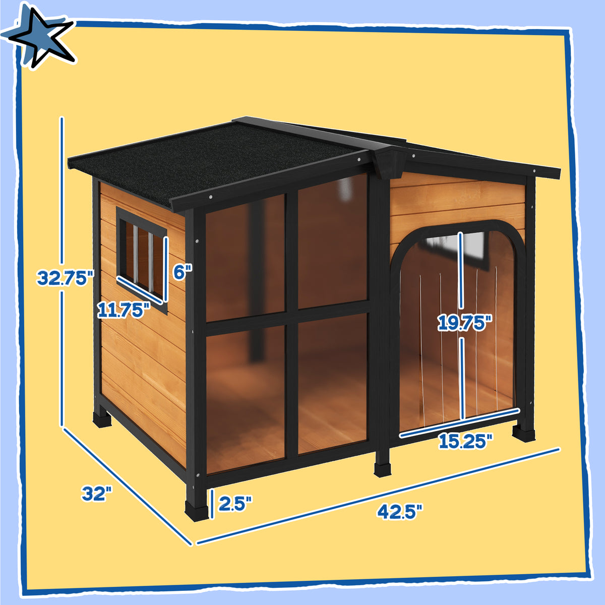 Large Wooden Dog House with Openable Roof and Window - Weatherproof Pet Shelter