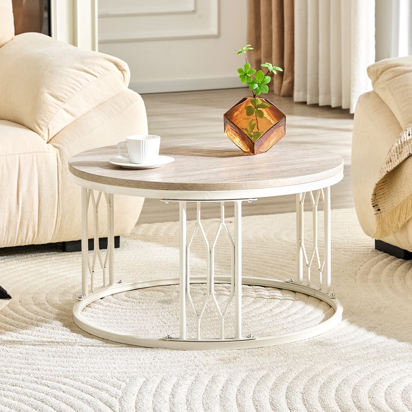 Round MDF Coffee Table with Stone-Effect Texture - 27.5"