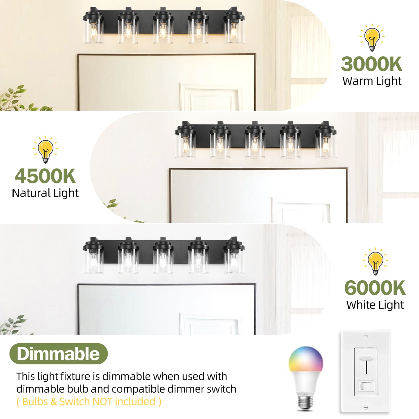 5-Light Bathroom Vanity Light Fixture - Matte Black with Glass Shades