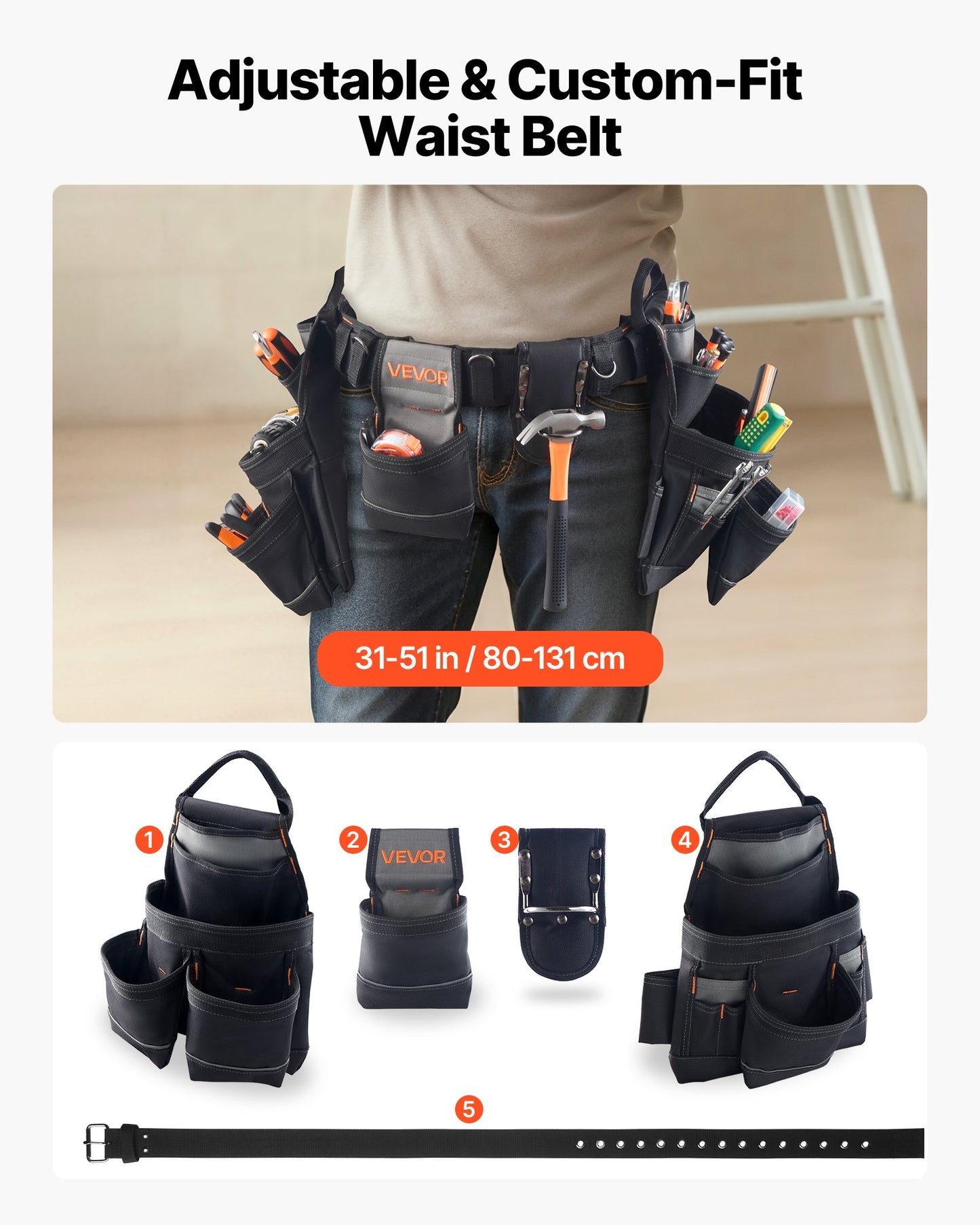 Heavy Duty Tool Belt with 18 Pockets for Construction and Carpentry - Adjustable Waist