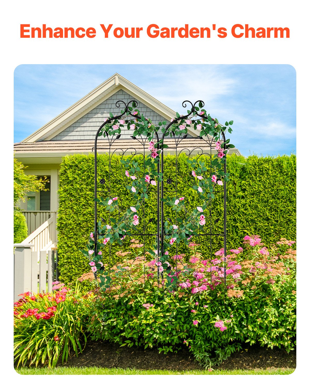 Rustproof Metal Garden Trellis Support for Climbing Plants 60x15 Inches - Black, 2 Pack
