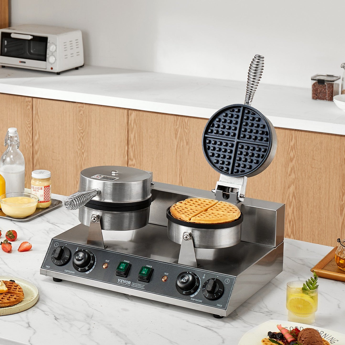 Dual-Head Commercial Waffle Maker 2460W Non-Stick Round Waffle Iron