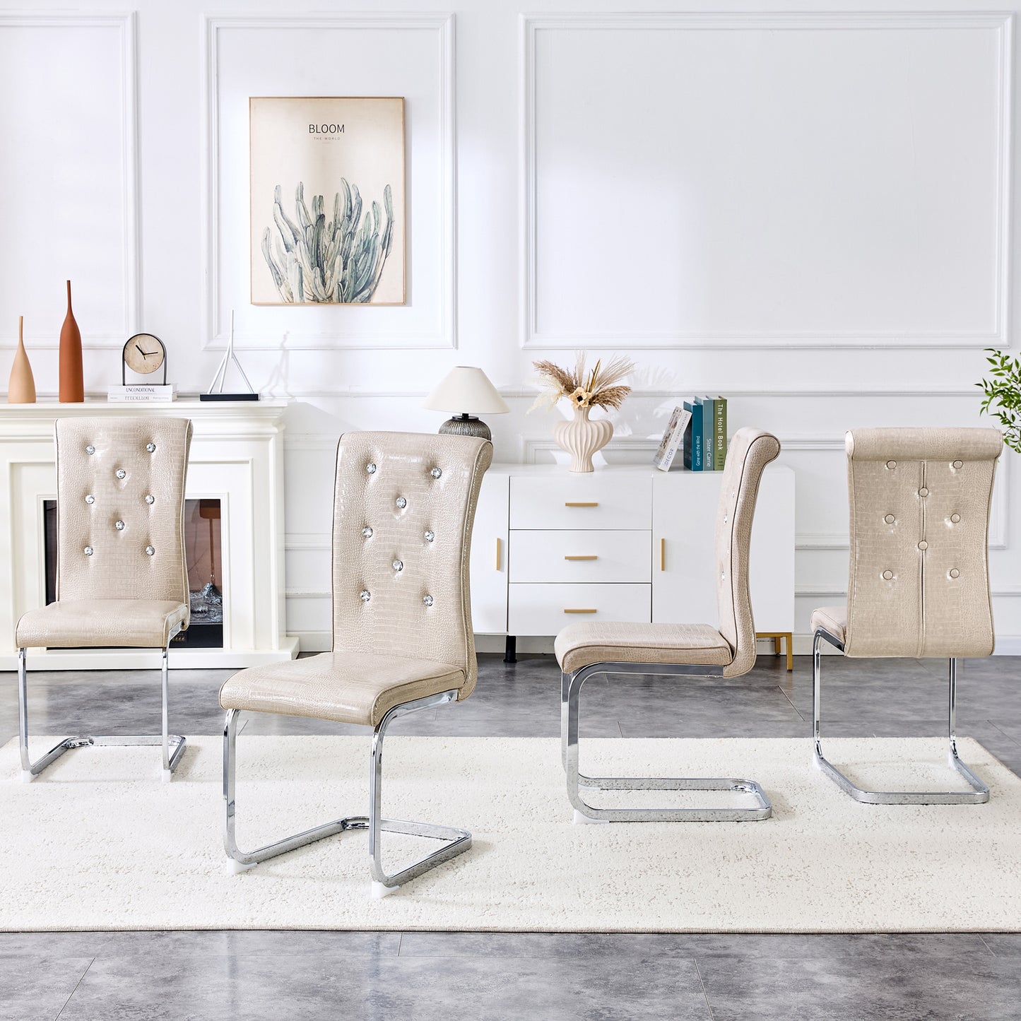Set Of 2,Retro Alligator Skin Upholstered Dining Chairs,with Crystal
