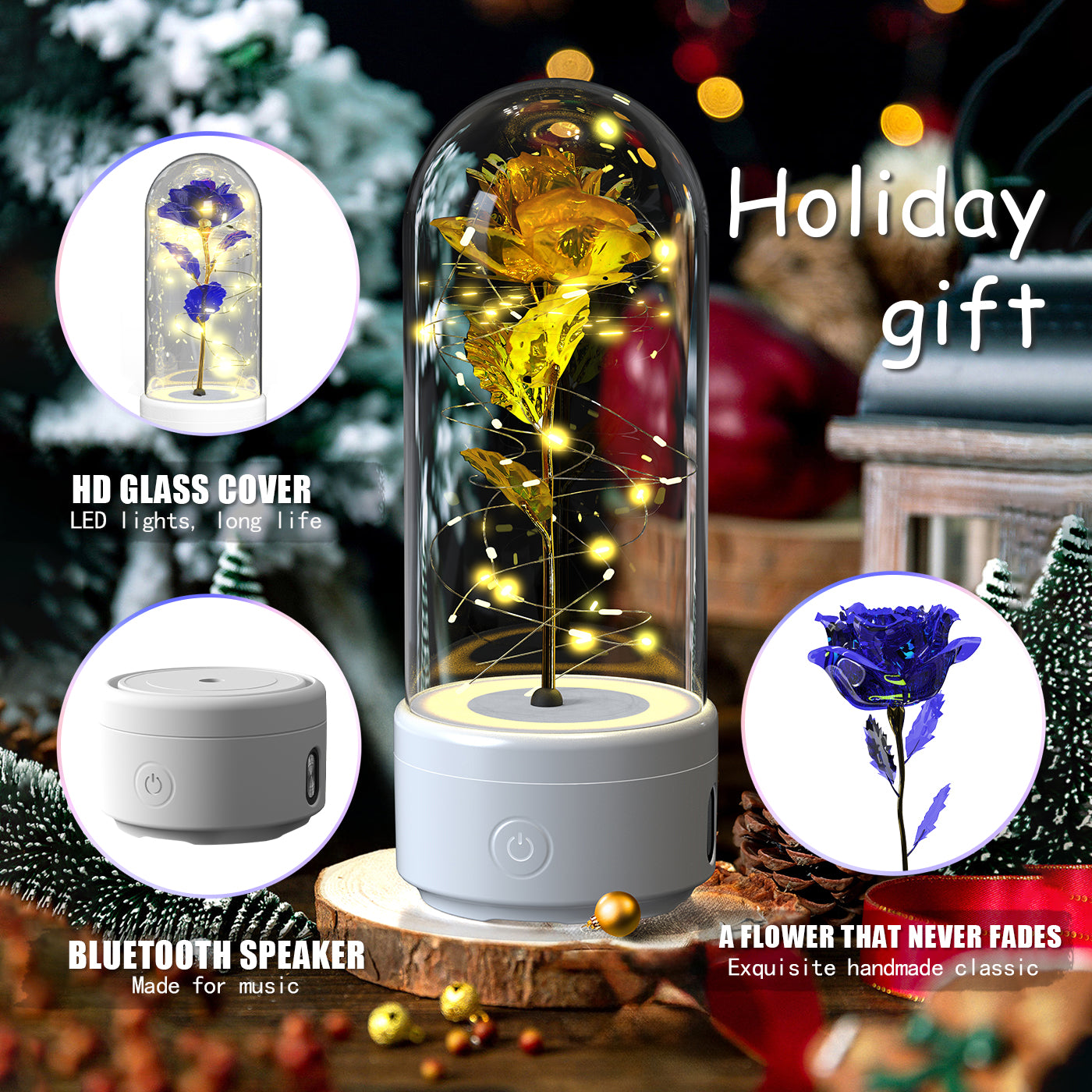 2-in-1 Rose LED Night Light with Bluetooth Speaker - Romantic Glass Decor
