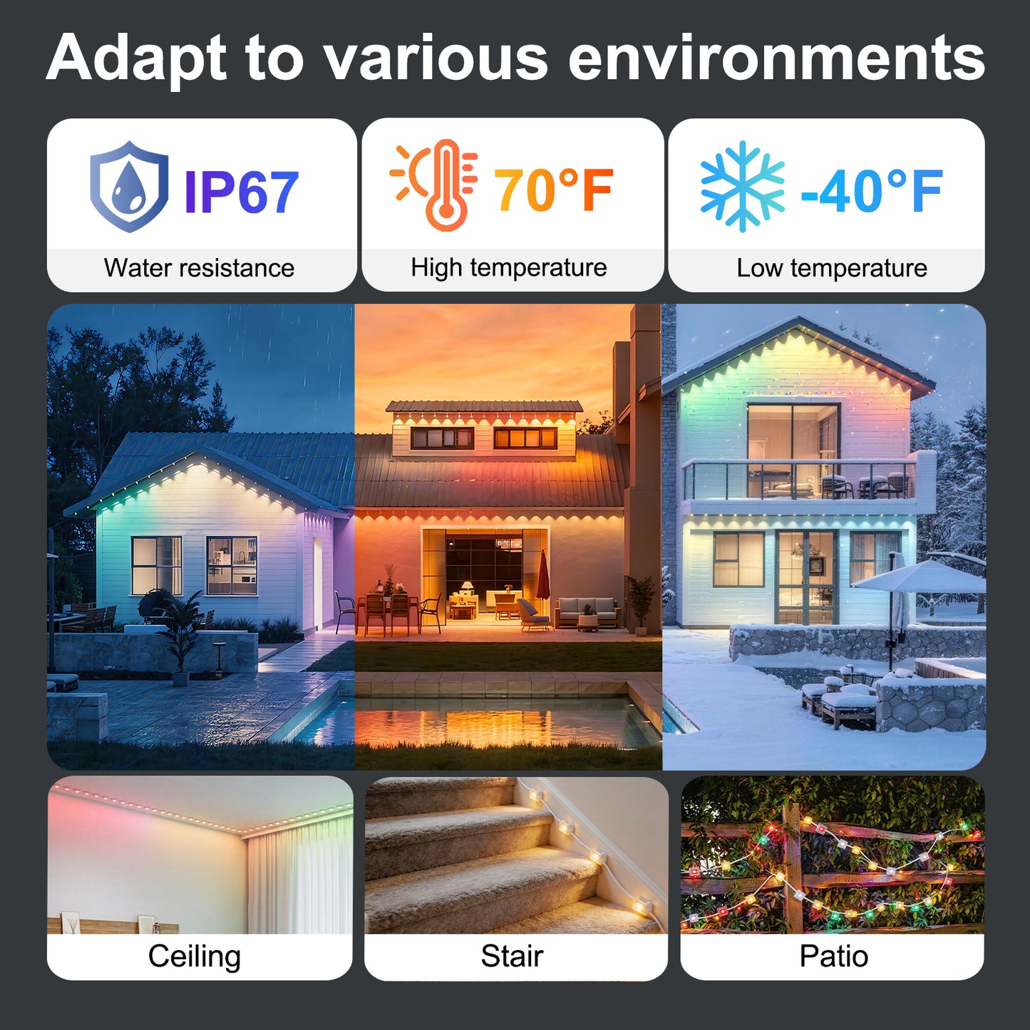 50ft RGB Waterproof Outdoor Eaves Lights with App & Remote for Holiday & Party Decor