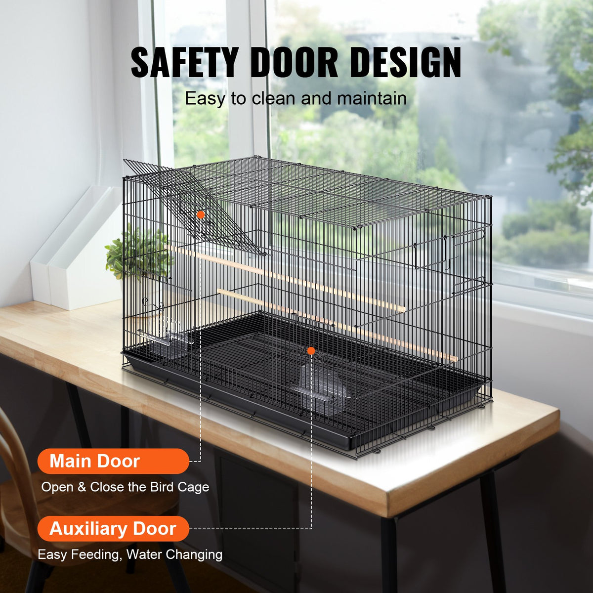 Large 30 Inch Metal Bird Cage with Rolling Stand for Parrots & Finches - Black