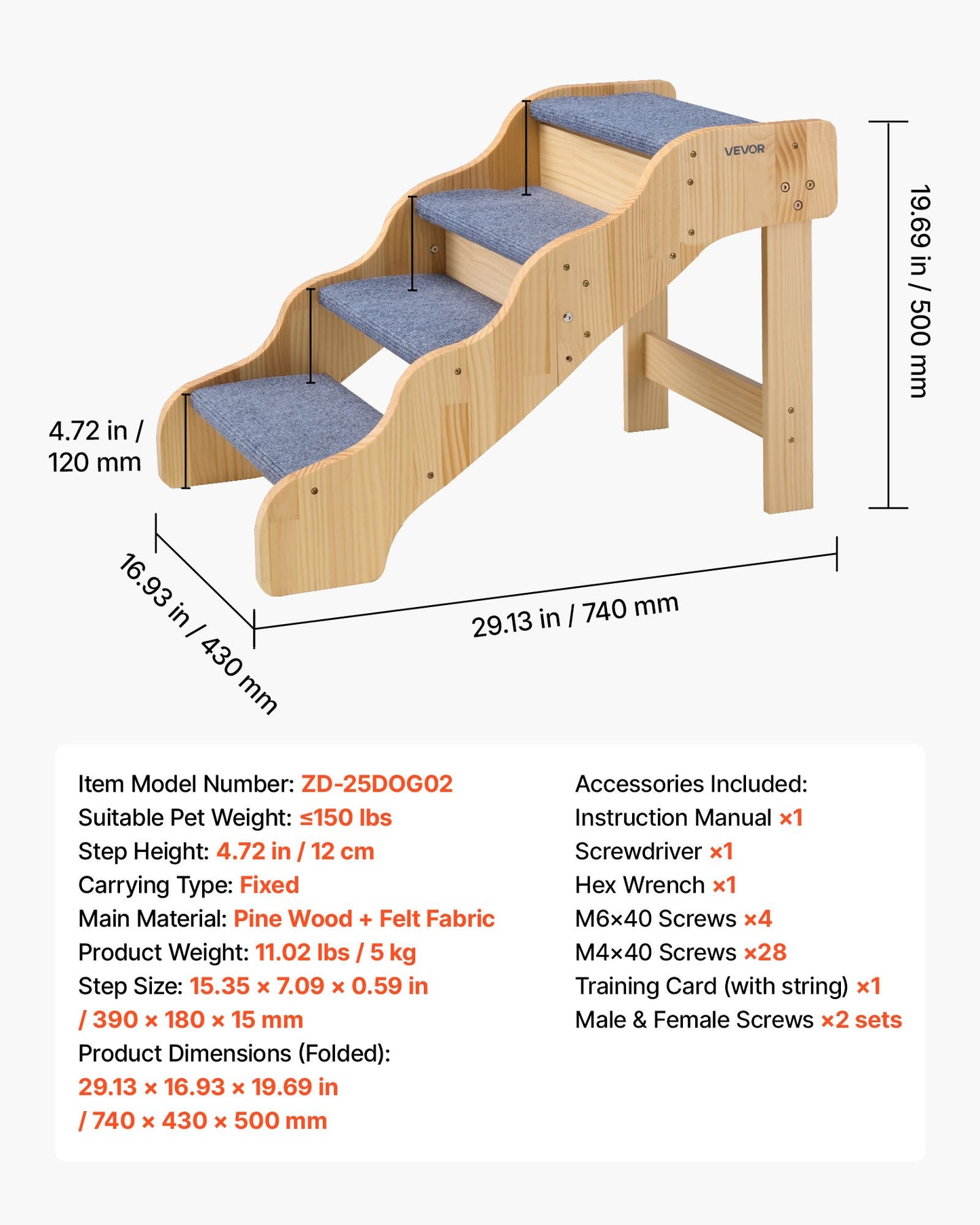 Wood Pet Stairs for Dogs and Cats, 4-Step Non-Slip Support Ladder for Bed Sofa Car