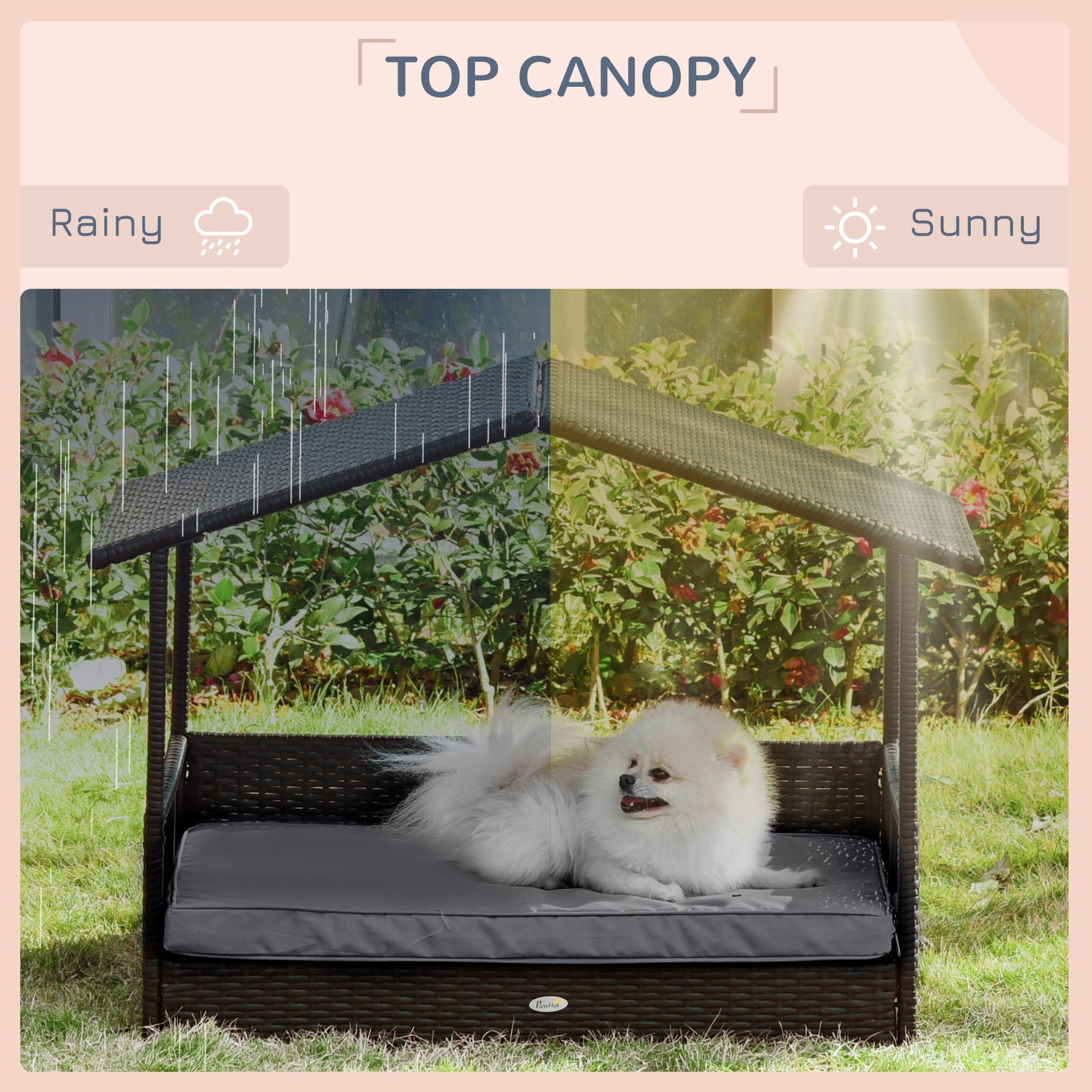 Outdoor Wicker Dog House with Canopy and Water-Resistant Cushion - Small to Medium Dogs