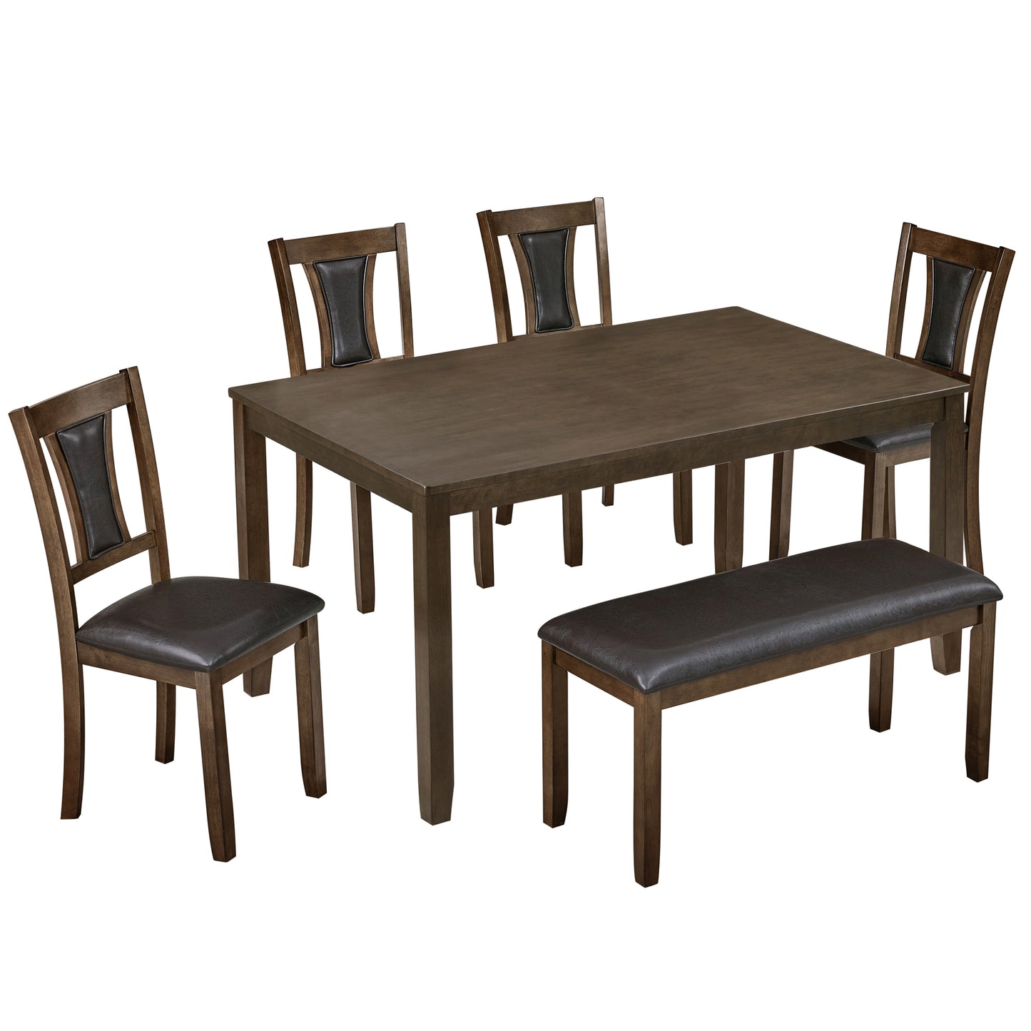 6-Piece Wooden Dining Table Set with Bench & Chairs - Walnut