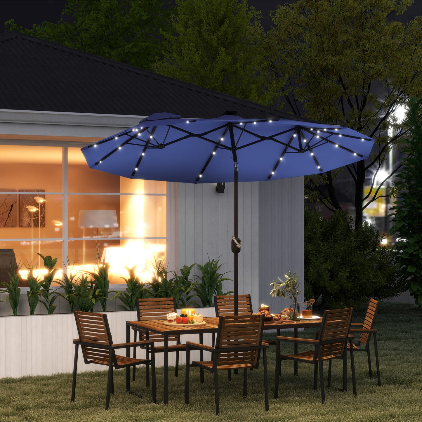 Double-Sided Patio Umbrella with LED Solar Lights - Navy Blue