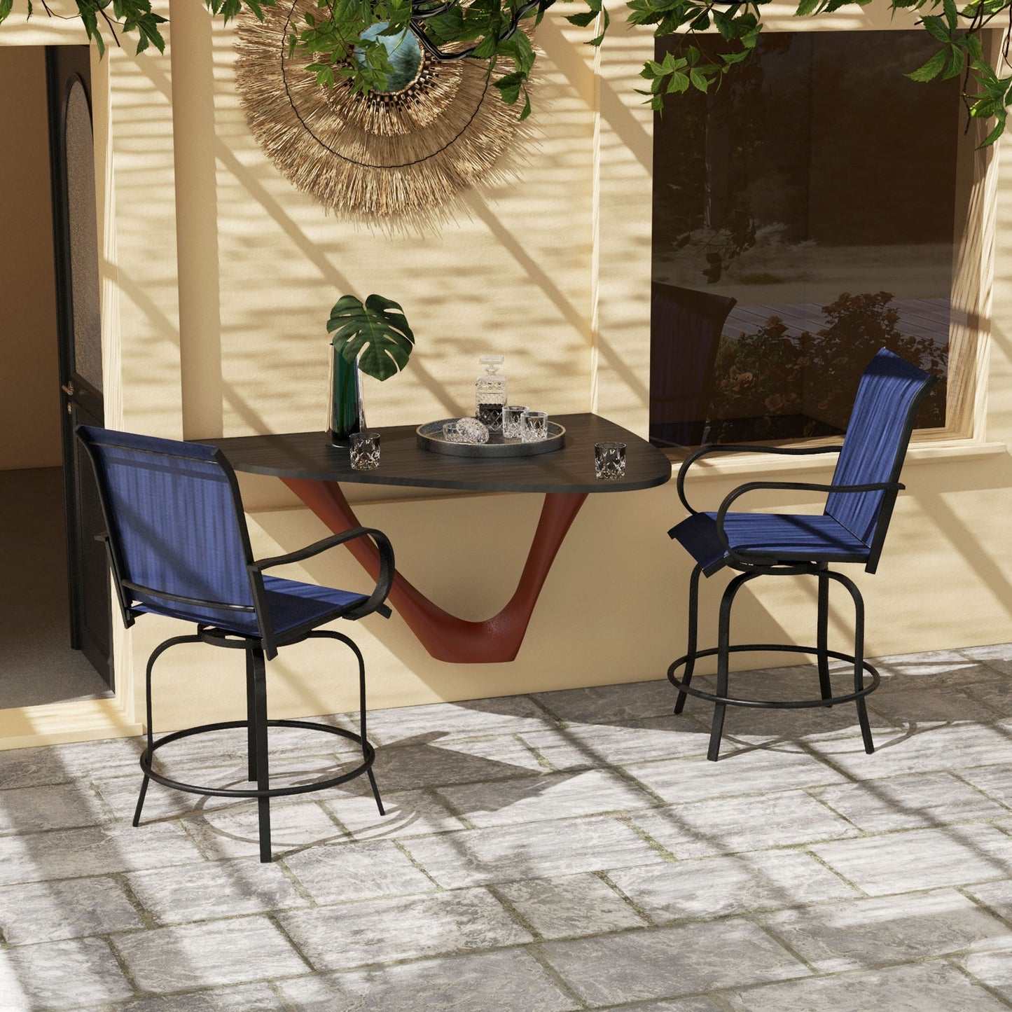 Outdoor Bar Stool Set of 2 - 360° Swivel Navy Blue Chairs