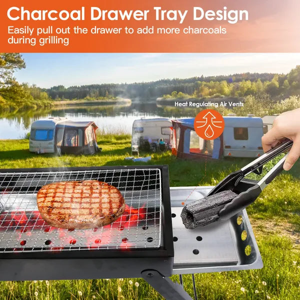 Portable Foldable Charcoal BBQ Grill - Stainless Steel Cooking