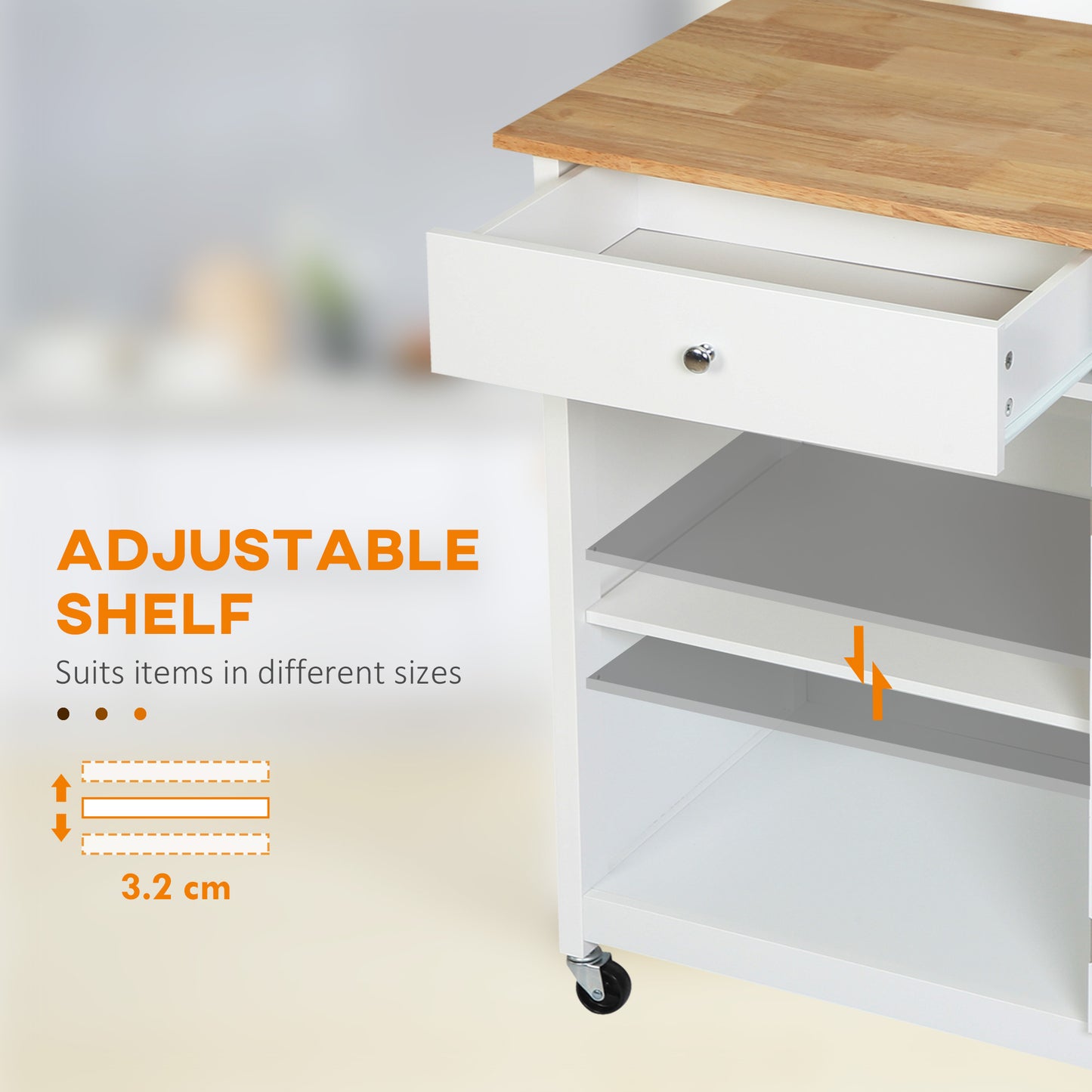 Rolling Kitchen Island Cart with Drawer & Glass Door Cabinet - White