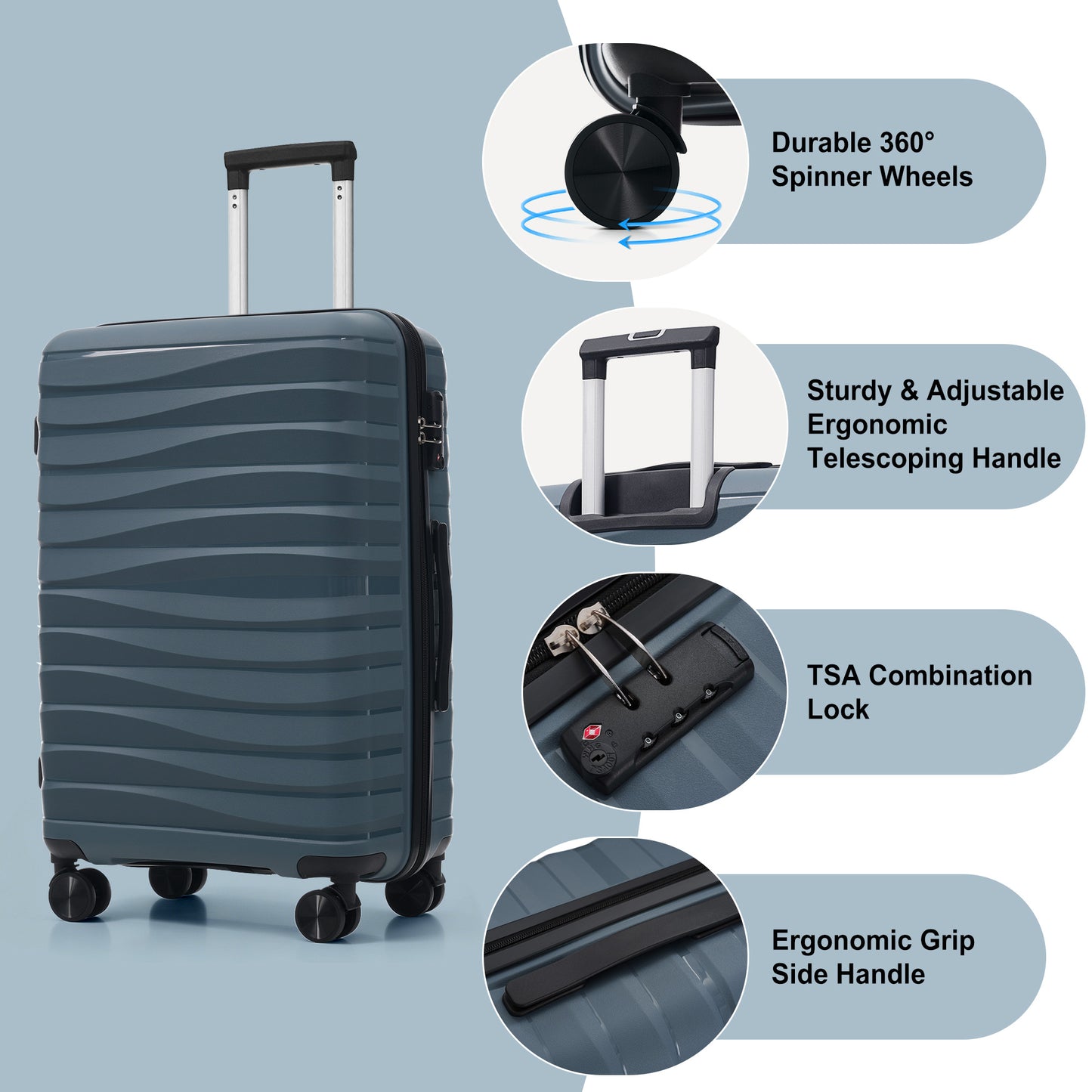 Premium 3-Piece Luggage Set with TSA Lock - 20, 24, 28 Inch, Grey-Blue
