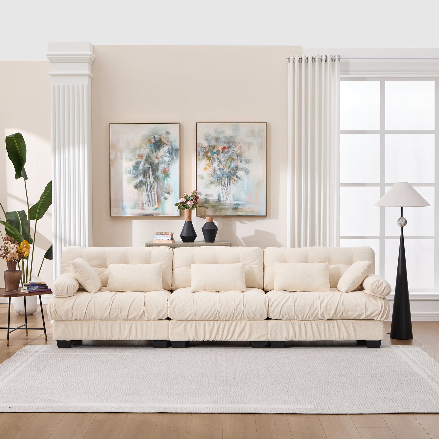 Modular Sectional Sofa - 3-Seater Cloud Couch with 5 Pillows - Beige