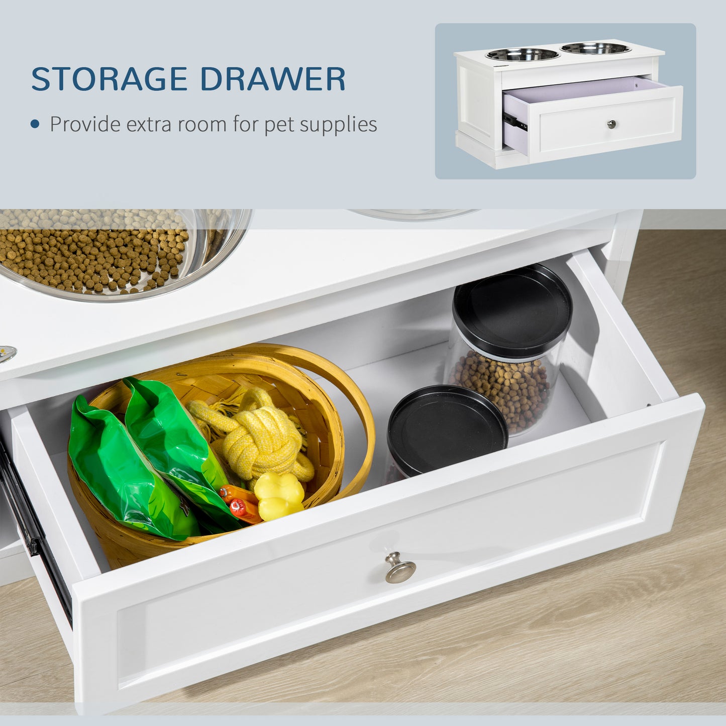 Elevated Dog Bowl Stand with Storage Drawer - Large Stainless Steel Food & Water Bowls, White