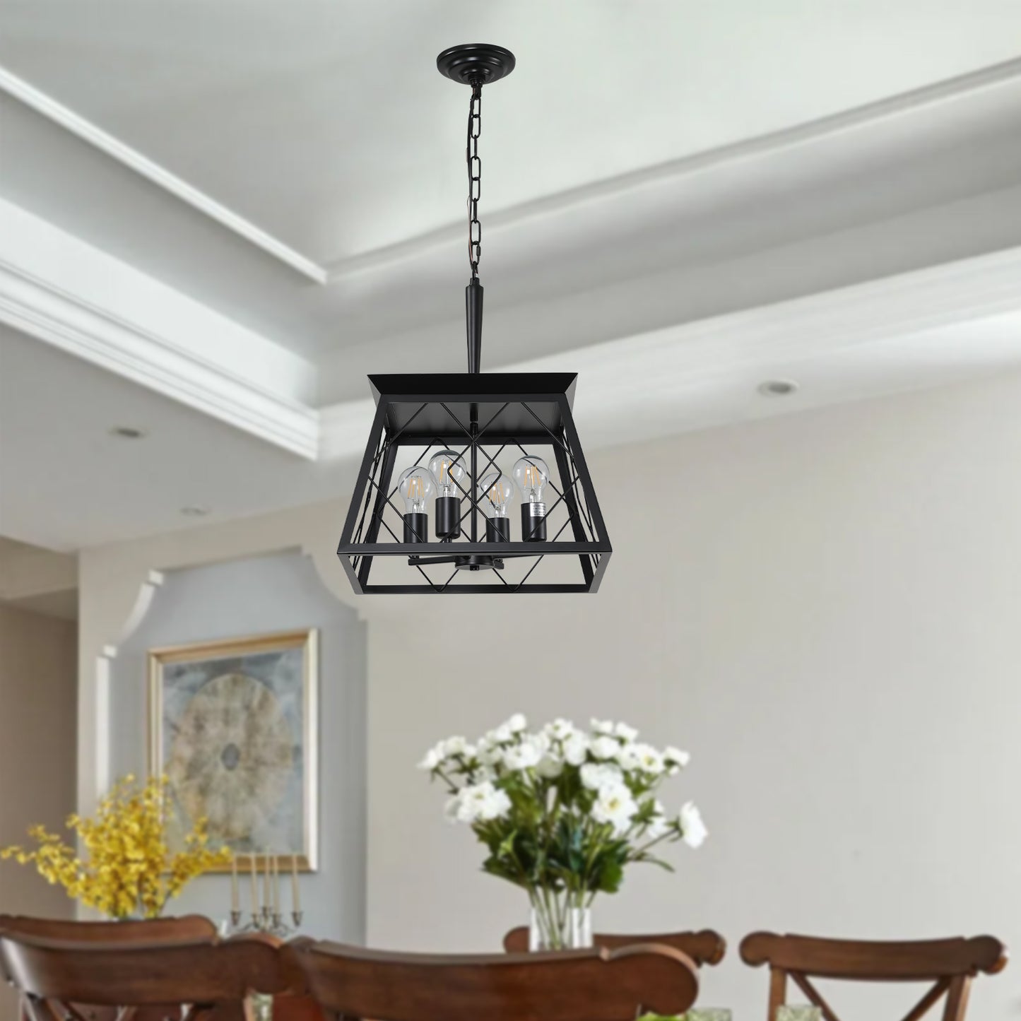 16-Inch Black Industrial 4-Light Pendant Chandelier - Adjustable