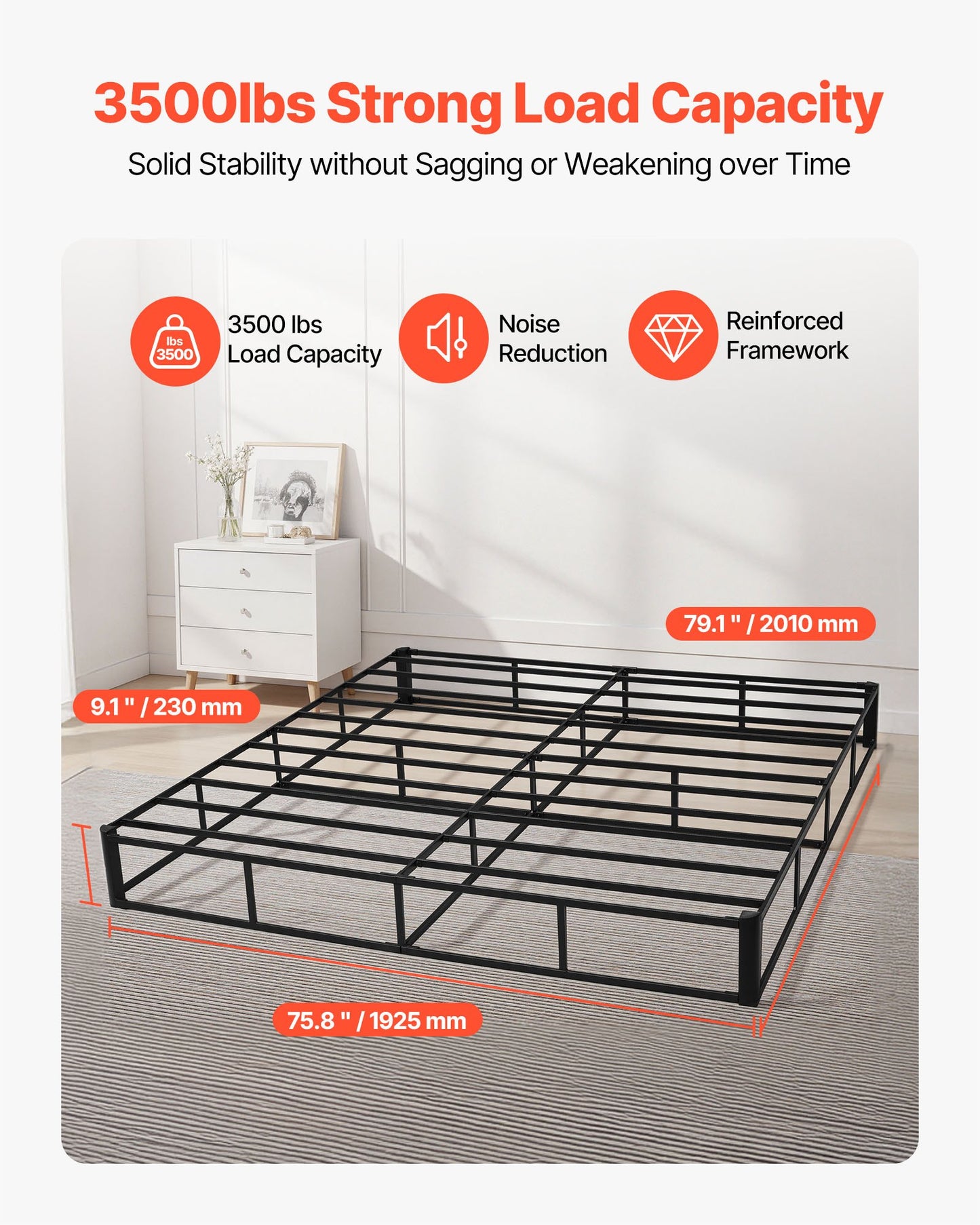 Heavy Duty King Size Bed Frame with Washable Fabric Cover - Supports Up to 3500 lbs