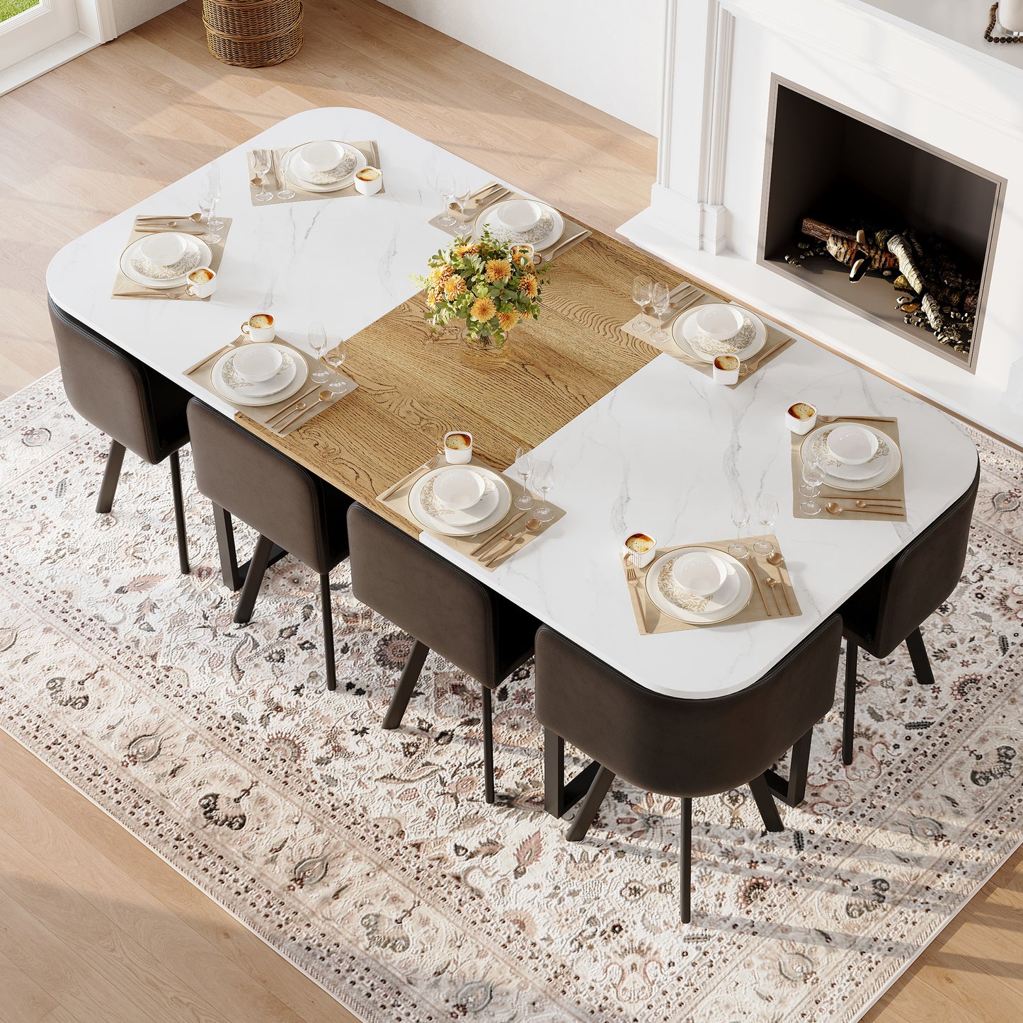 9-Piece Square Dining Table Set, Fixed White Faux Marble & Wood Grain