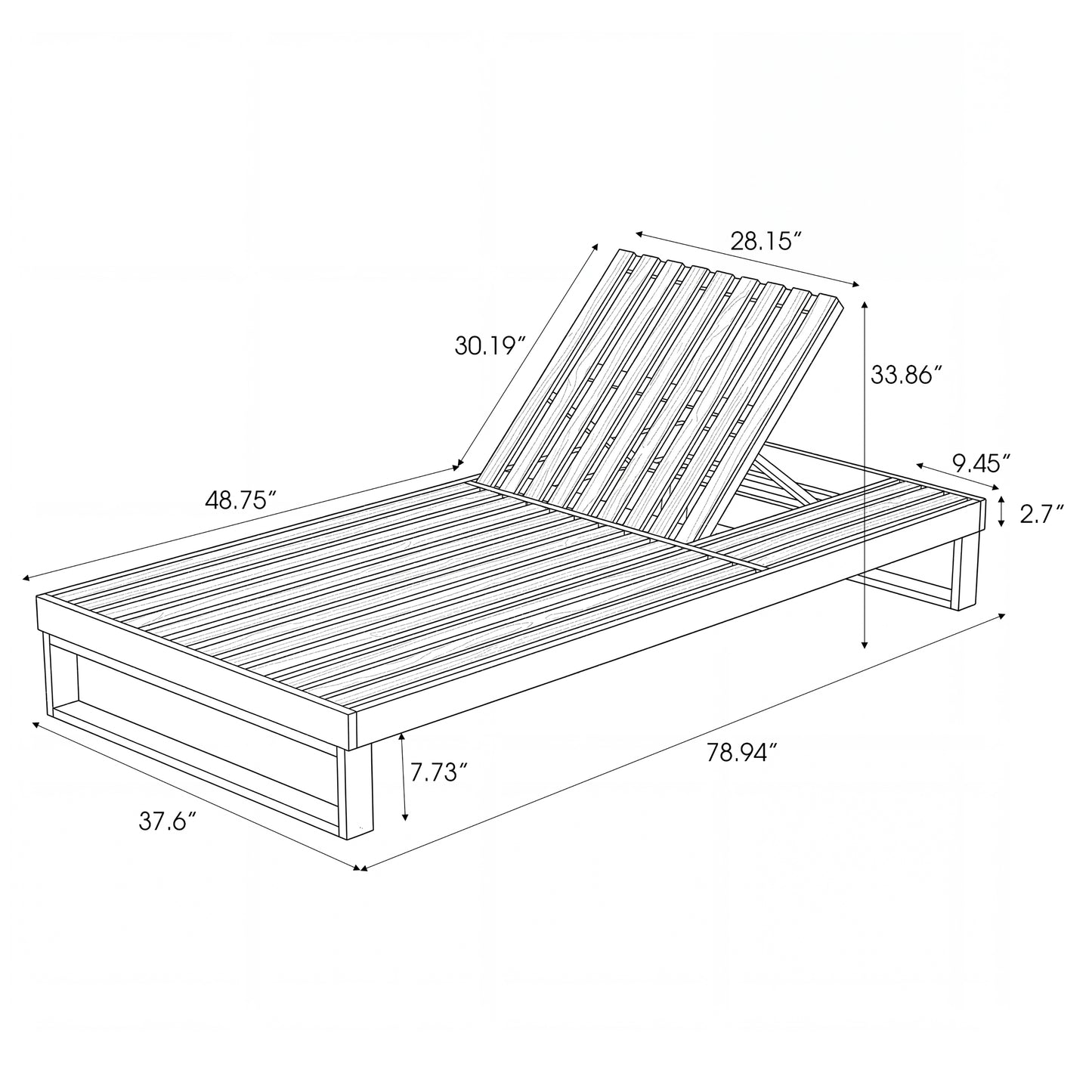 Black Acacia Wood Chaise Lounge with 4-Position Adjustable Cushion