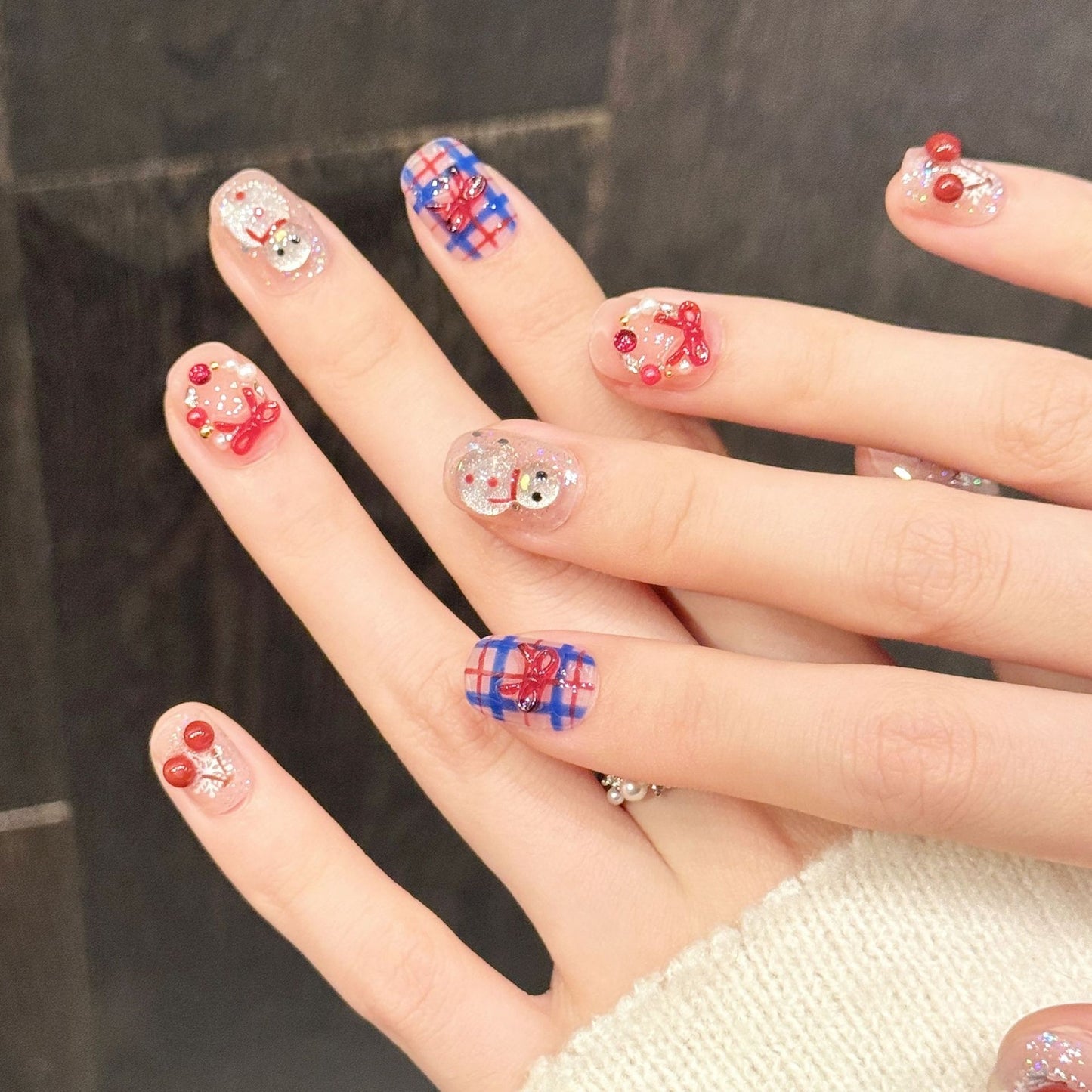 Cherry Snowman Wearable Nail Stickers with Plaid Bow Design - Short Style