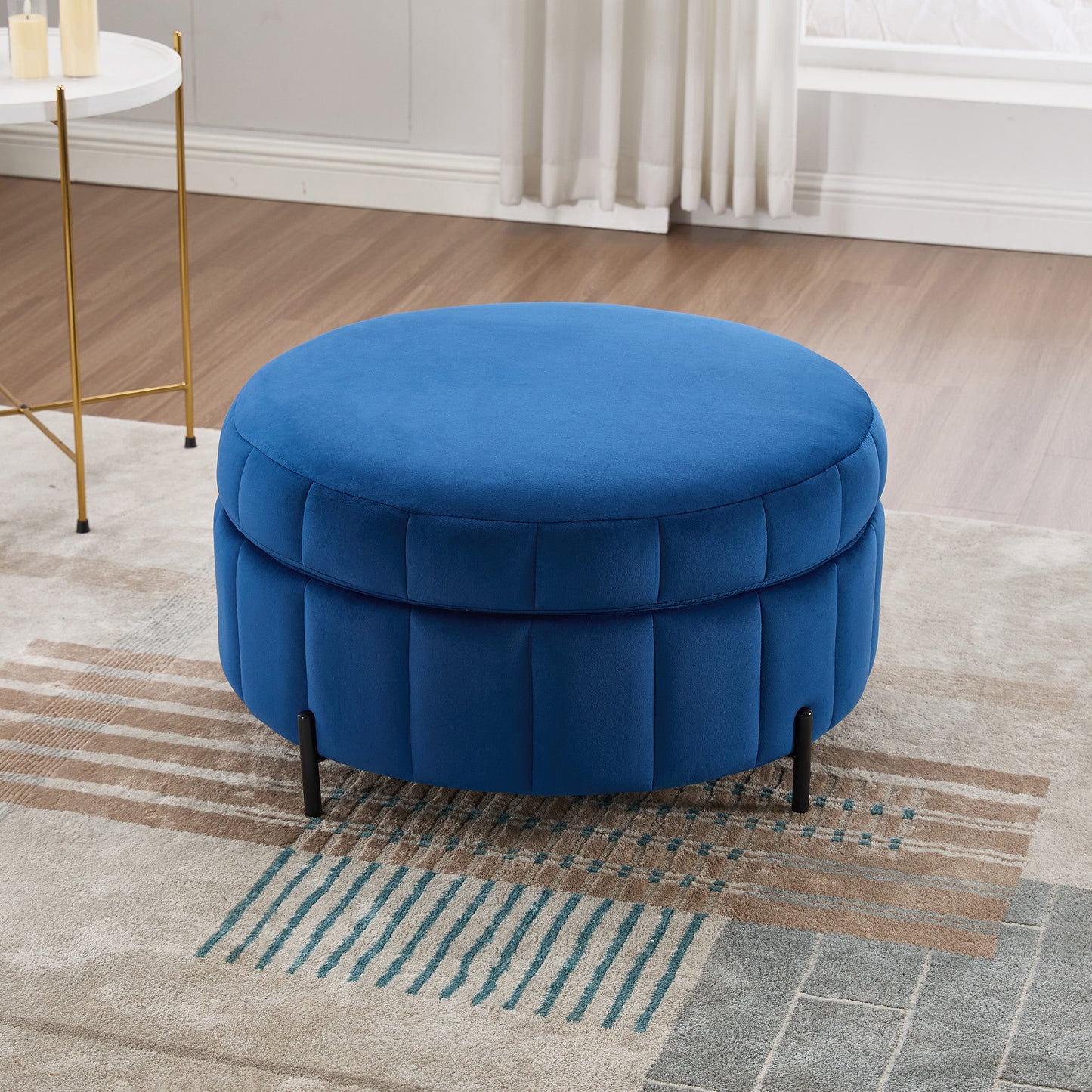 Upholstered Round Ottoman with Reversible Lid - Navy Velvet Storage Stool