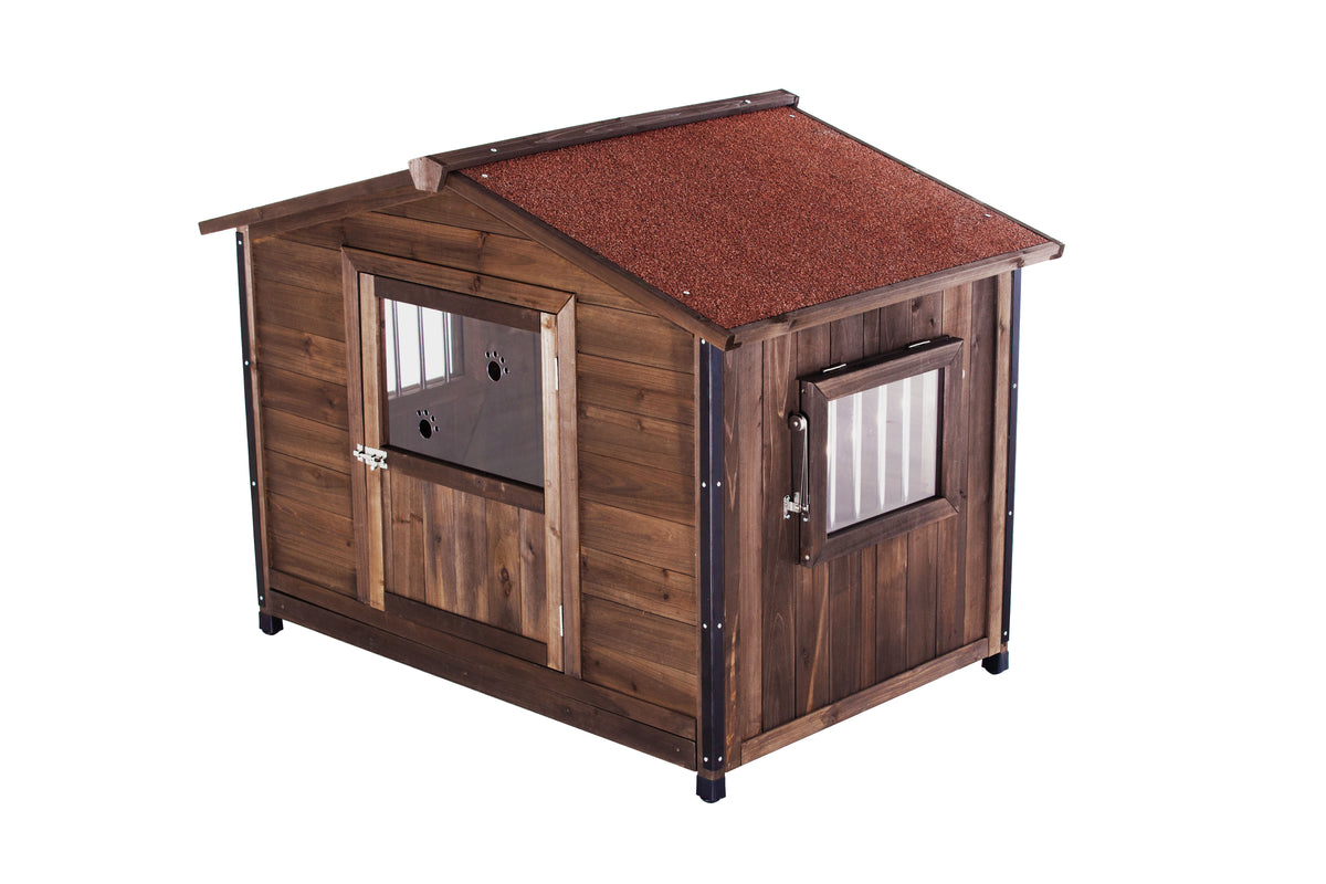 Outdoor Wooden Dog Kennel with Iron Frame and Waterproof Roof - Large