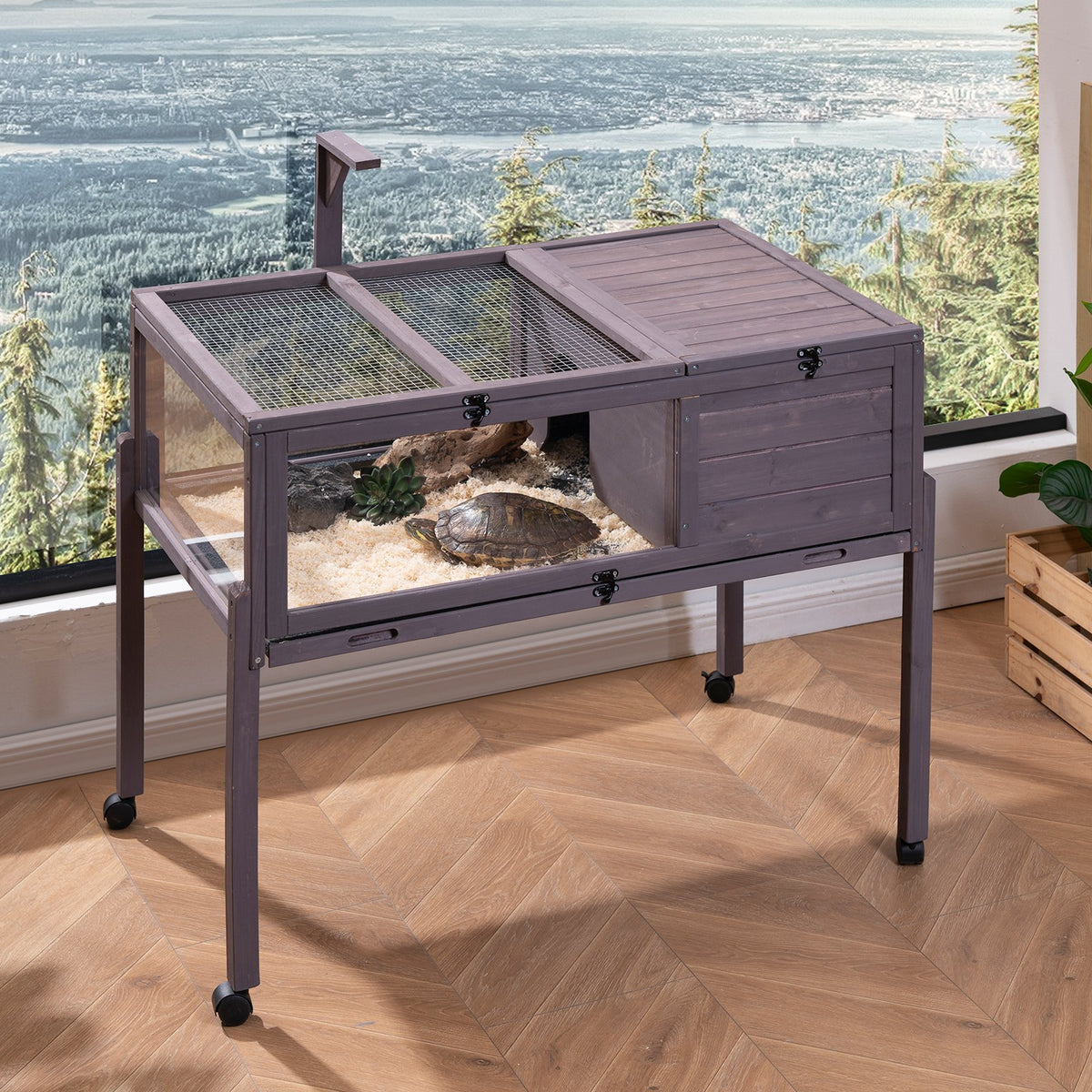 Wooden Tortoise House with Two Rooms Indoor Outdoor Pet Habitat - Cedar, Grey