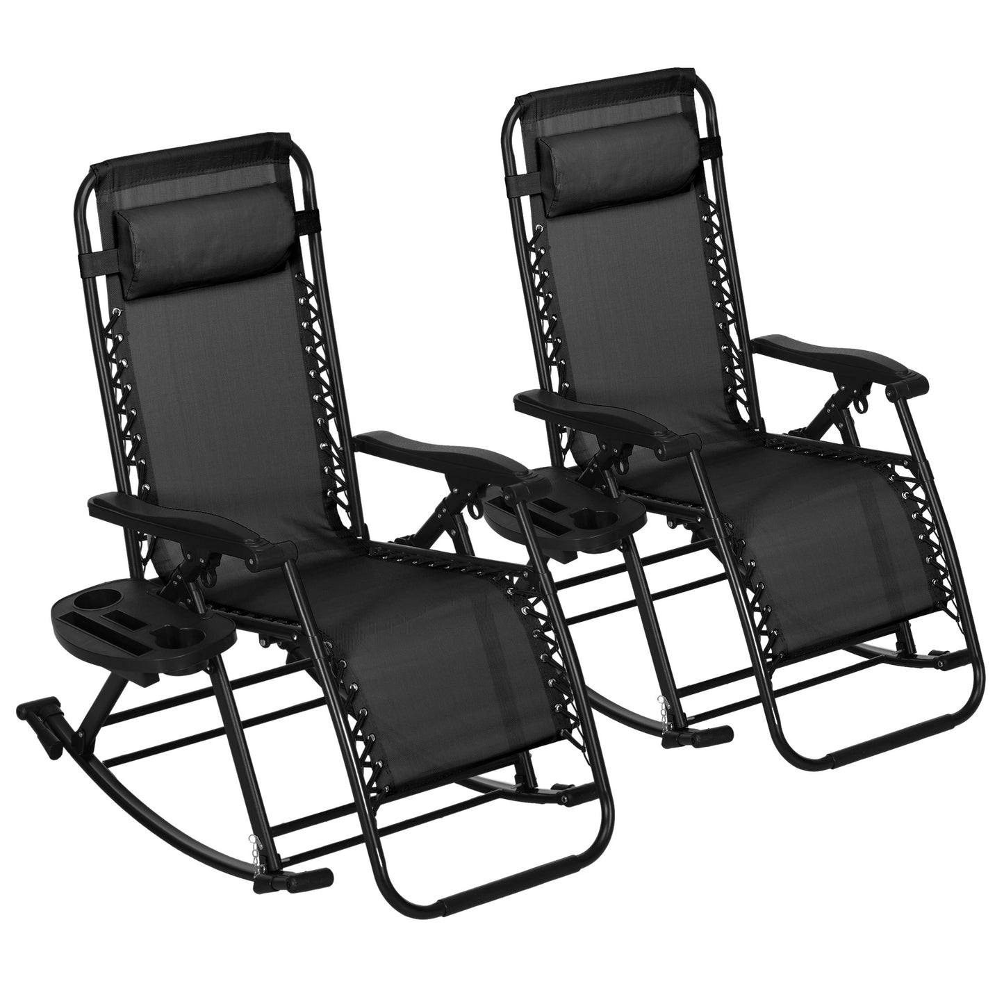 Set of 2 Foldable Zero Gravity Rocking Lounge Chairs with Cup Holders - Black