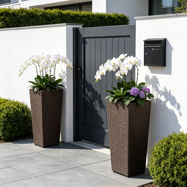 Set of 2 Rattan Planters with Removable Inner Pots & Adjustable Metal Frames - Brown Garden Decor