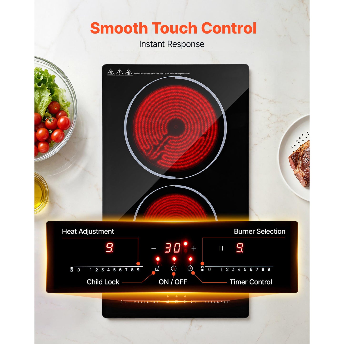 Portable 12-Inch Electric Cooktop 2 Burners 1800W Touch Control with Timer