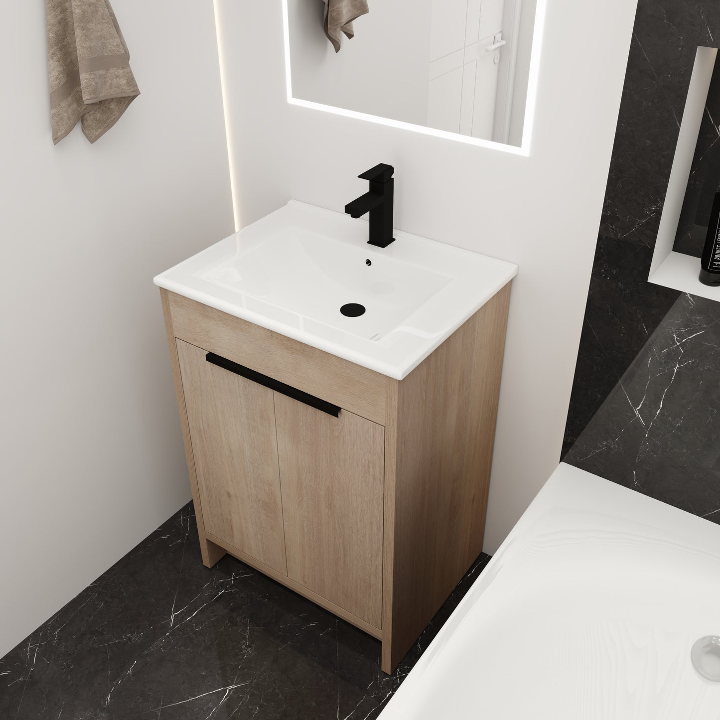 Freestanding Bathroom Vanity With White Ceramic Sink & 2 Soft-Close