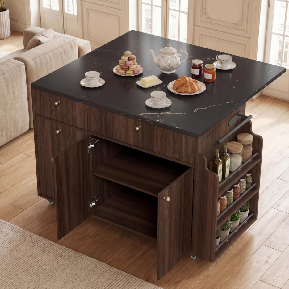 Rolling Kitchen Island Cart with Drop Leaf - Walnut Finish