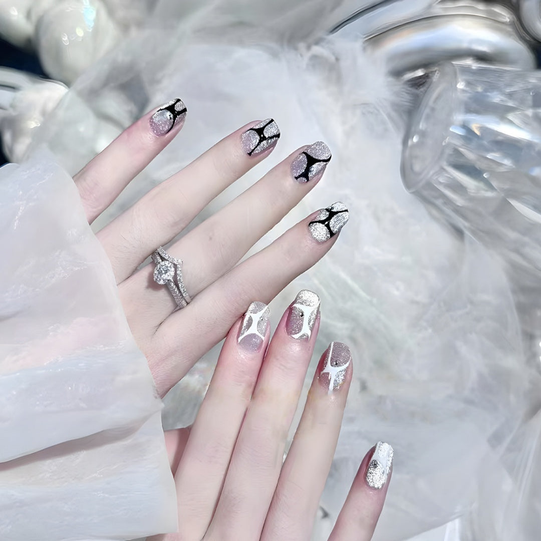 Short Rectangular Cat-Eye Gradient False Nails Kit with Gemstones & Stickers