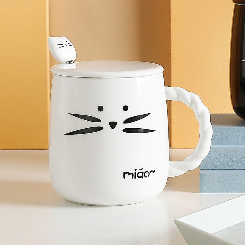 Ceramic Water Cup with Lid and Spoon - Cartoon Style, 401-500ml