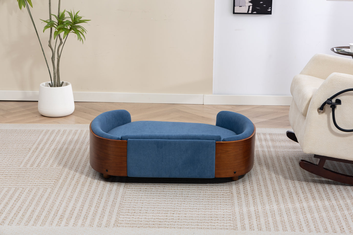 Large Scandinavian Style Elevated Dog Bed with Velvet Cushion and Solid Wood Legs