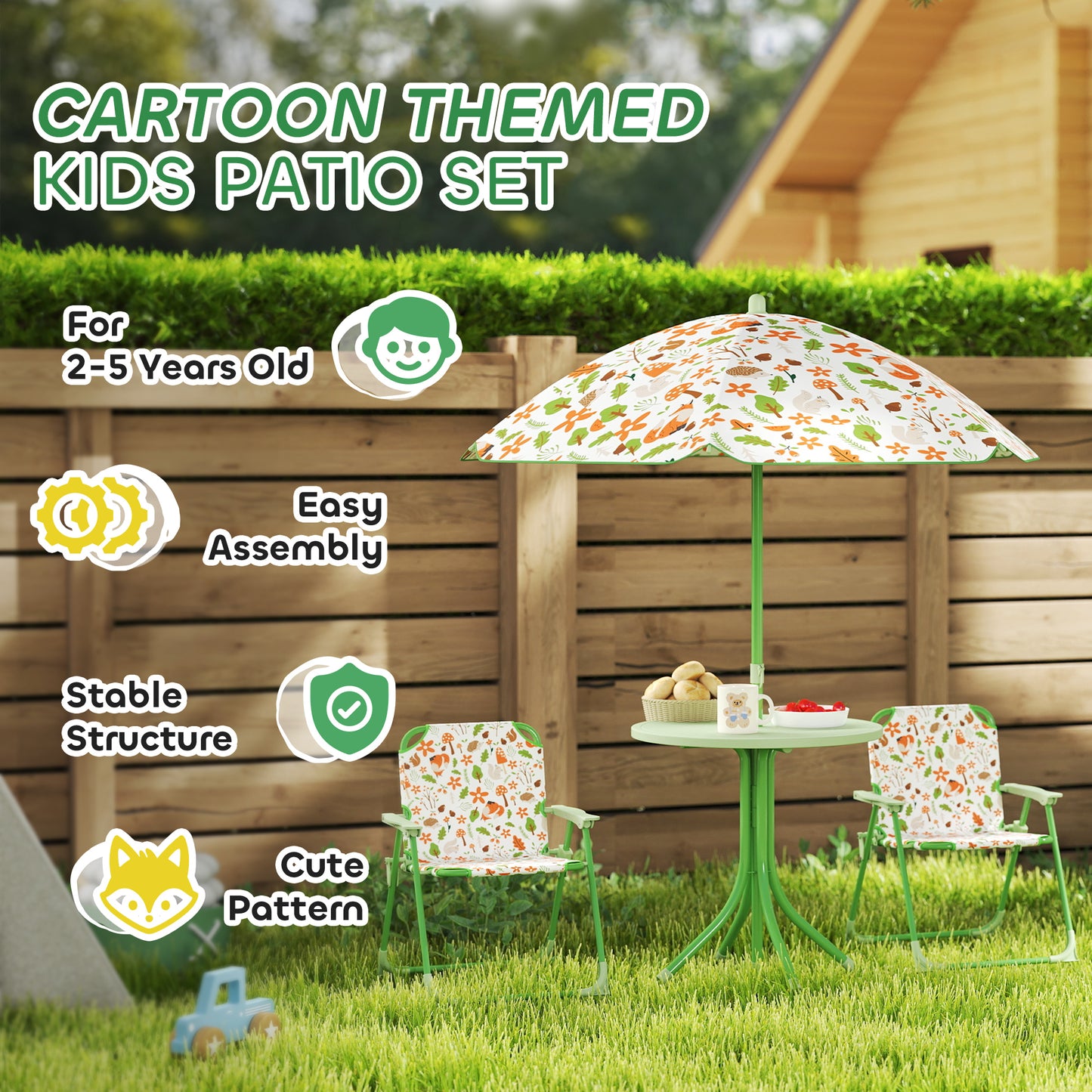 Kids Picnic Table and Chair Set with Umbrella - Green