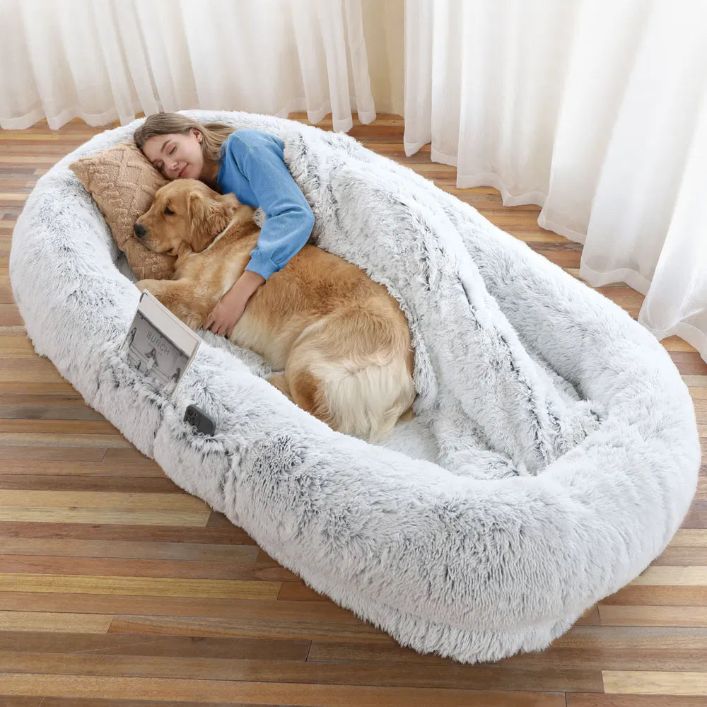 Large Human Dog Bed with Faux Fur Cover, Orthopedic Napping Pillow & Blanket