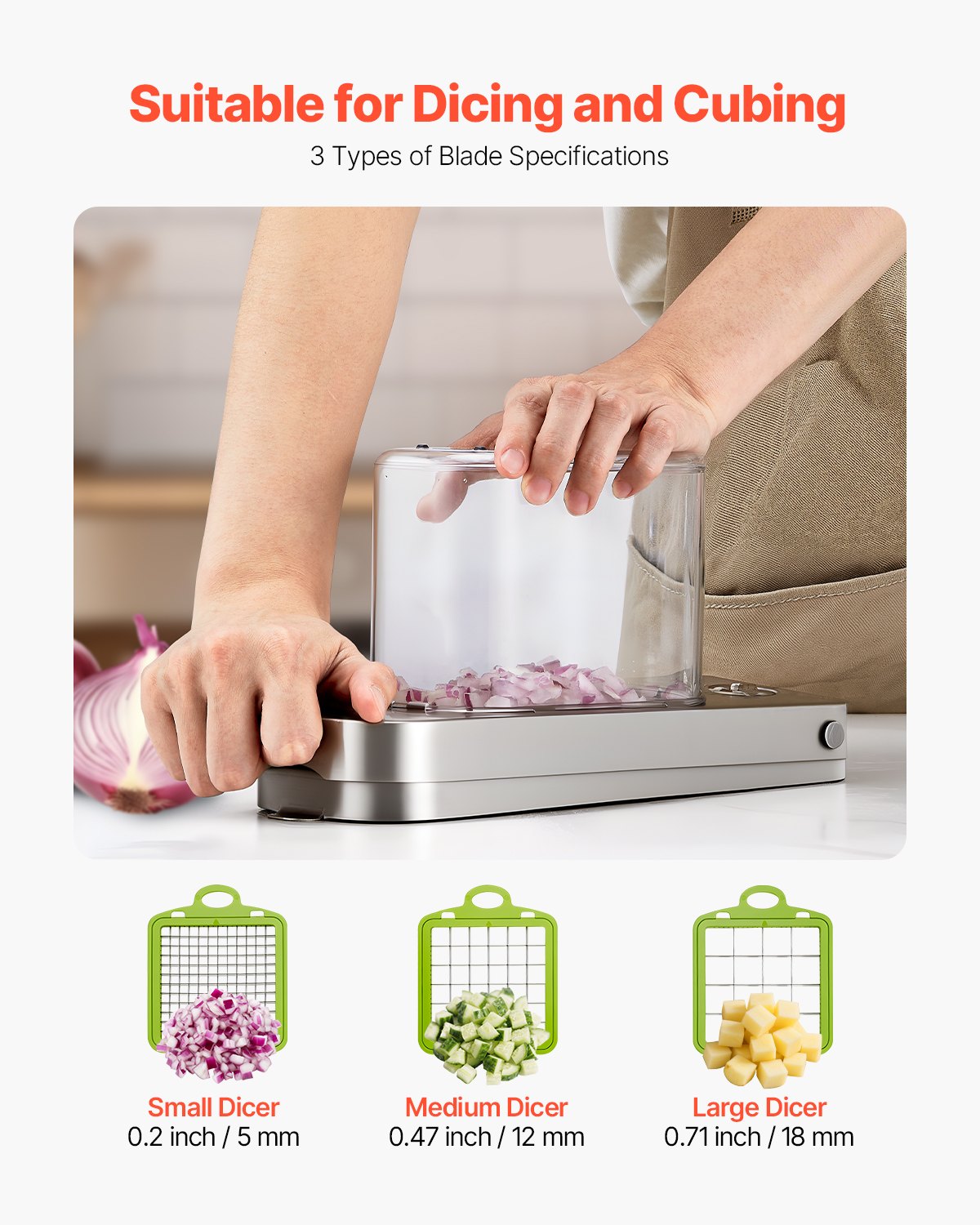 Vegetable Chopper Food Veggie Cutter with Stainless Steel Blades and Large Container - Silver