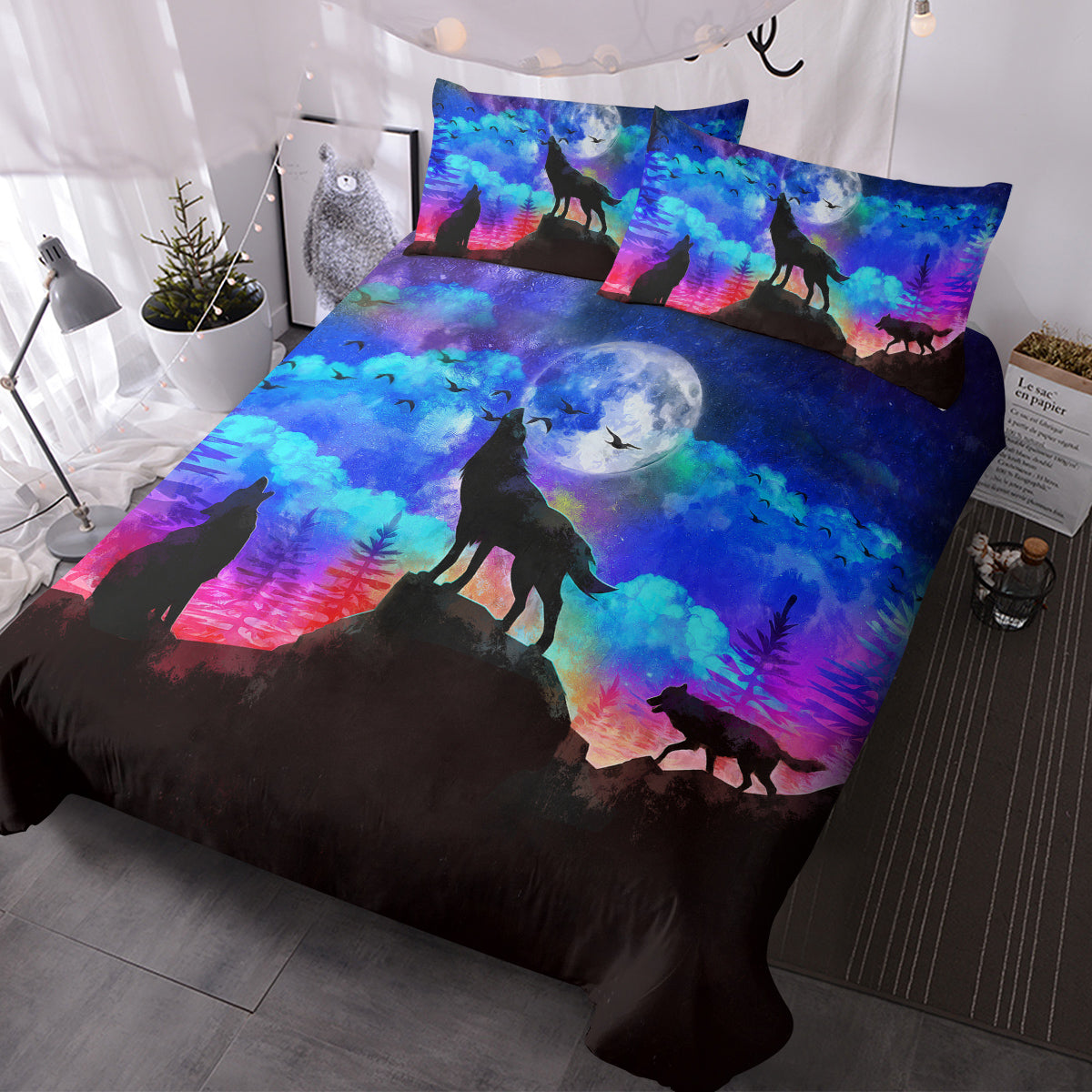 Starry Sky Moon Wolf Bedding Set - Multiple Sizes Available