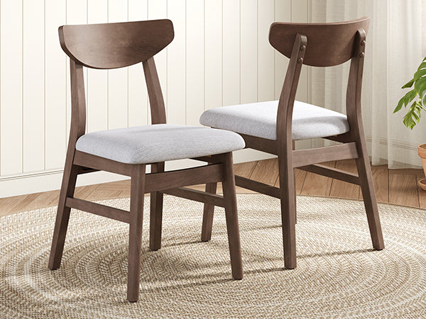 Set of 2 Modern Scandinavian Dining Chairs - Gray Fabric & Brown Wood